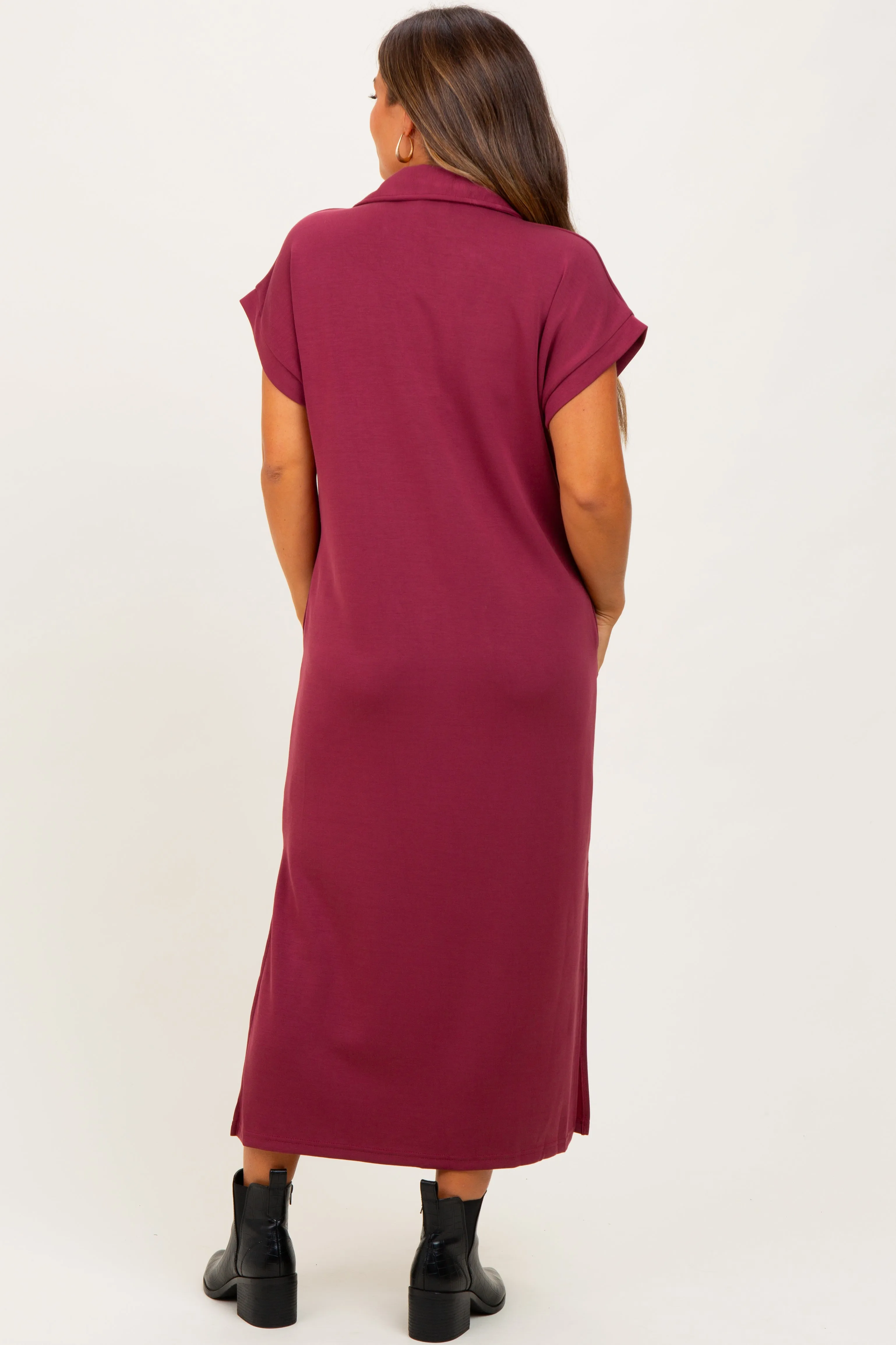 Burgundy Collared Short Sleeve Maternity Midi Dress sold by Pinkblush product image thumbnail 3