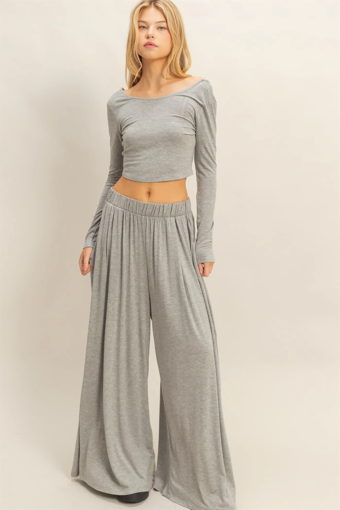 Heather Gray Long-Sleeve Crop Top And Maxi Pants Maternity Set sold by Pinkblush product image thumbnail 2