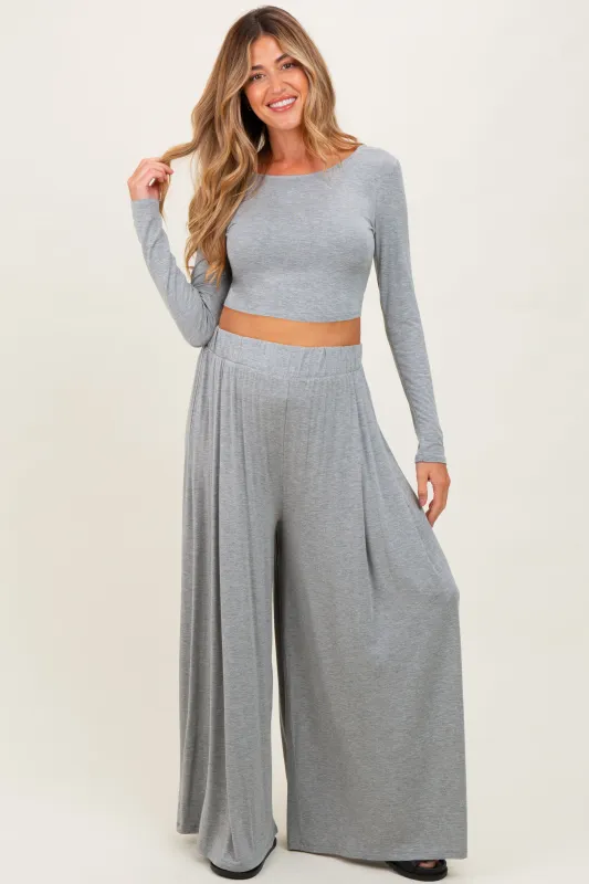 Heather Gray Long-Sleeve Crop Top And Maxi Pants Maternity Set sold by Pinkblush
