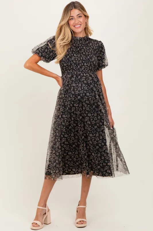 Black Floral Smocked Puff Sleeve Chiffon Maternity Midi Dress sold by Pinkblush