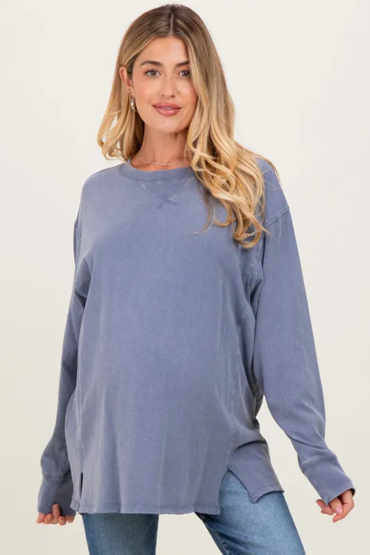 Navy Mineral Washed Drop Shoulder Long Sleeve Maternity Top sold by Pinkblush