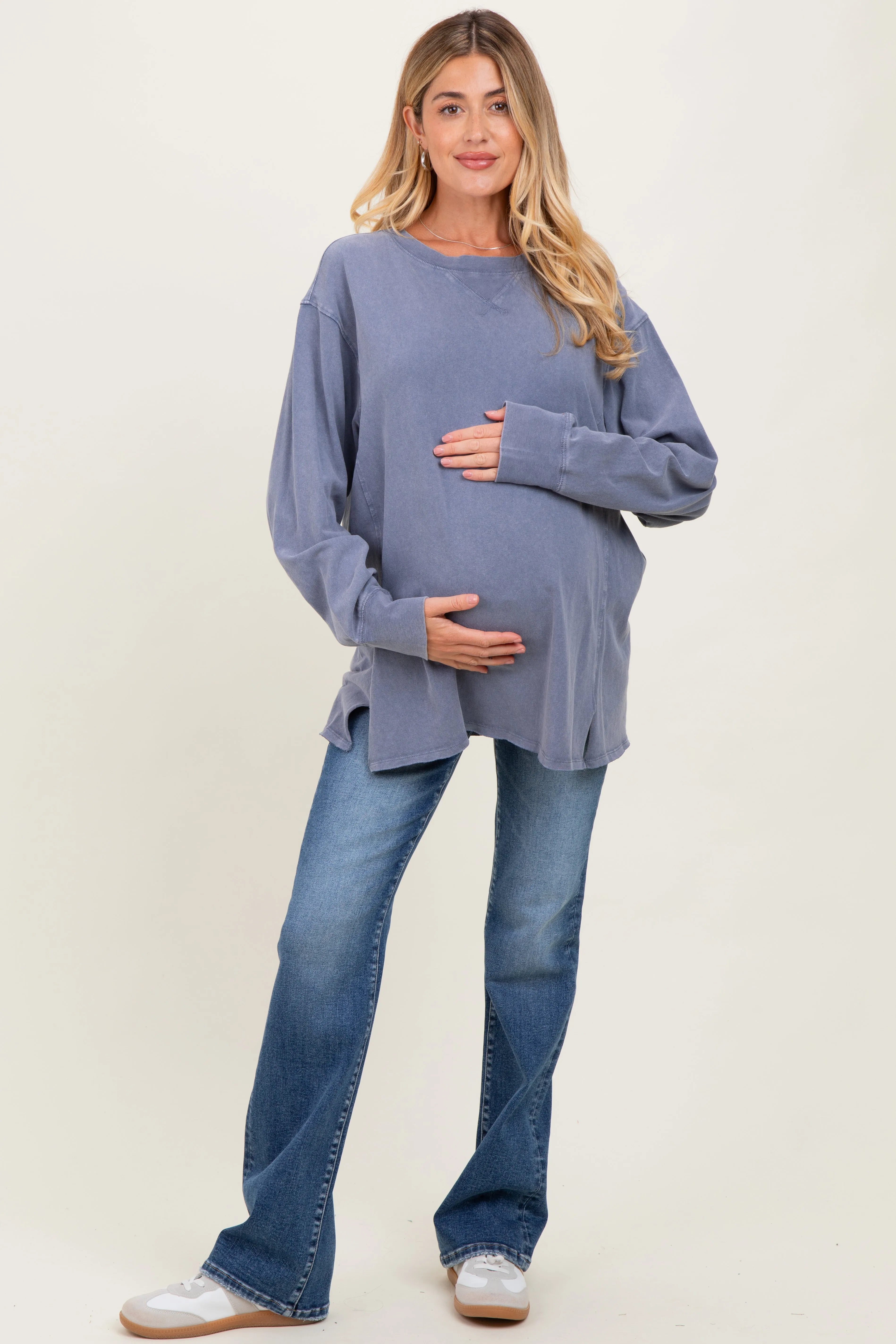 Navy Mineral Washed Drop Shoulder Long Sleeve Maternity Top sold by Pinkblush product image thumbnail 2