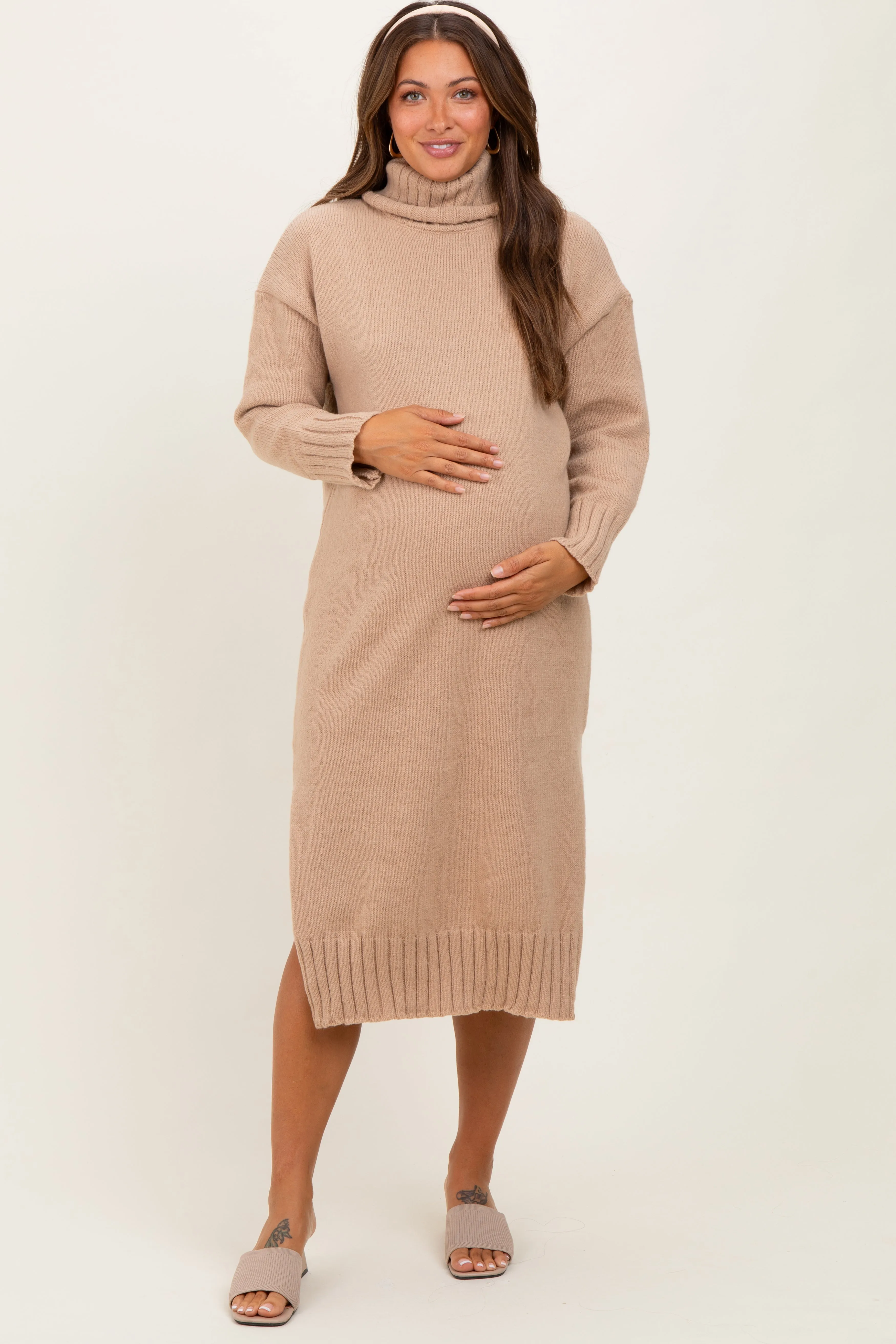 Camel Turtleneck Chunky Knit Maternity Midi Sweater Dress sold by Pinkblush product image thumbnail 2