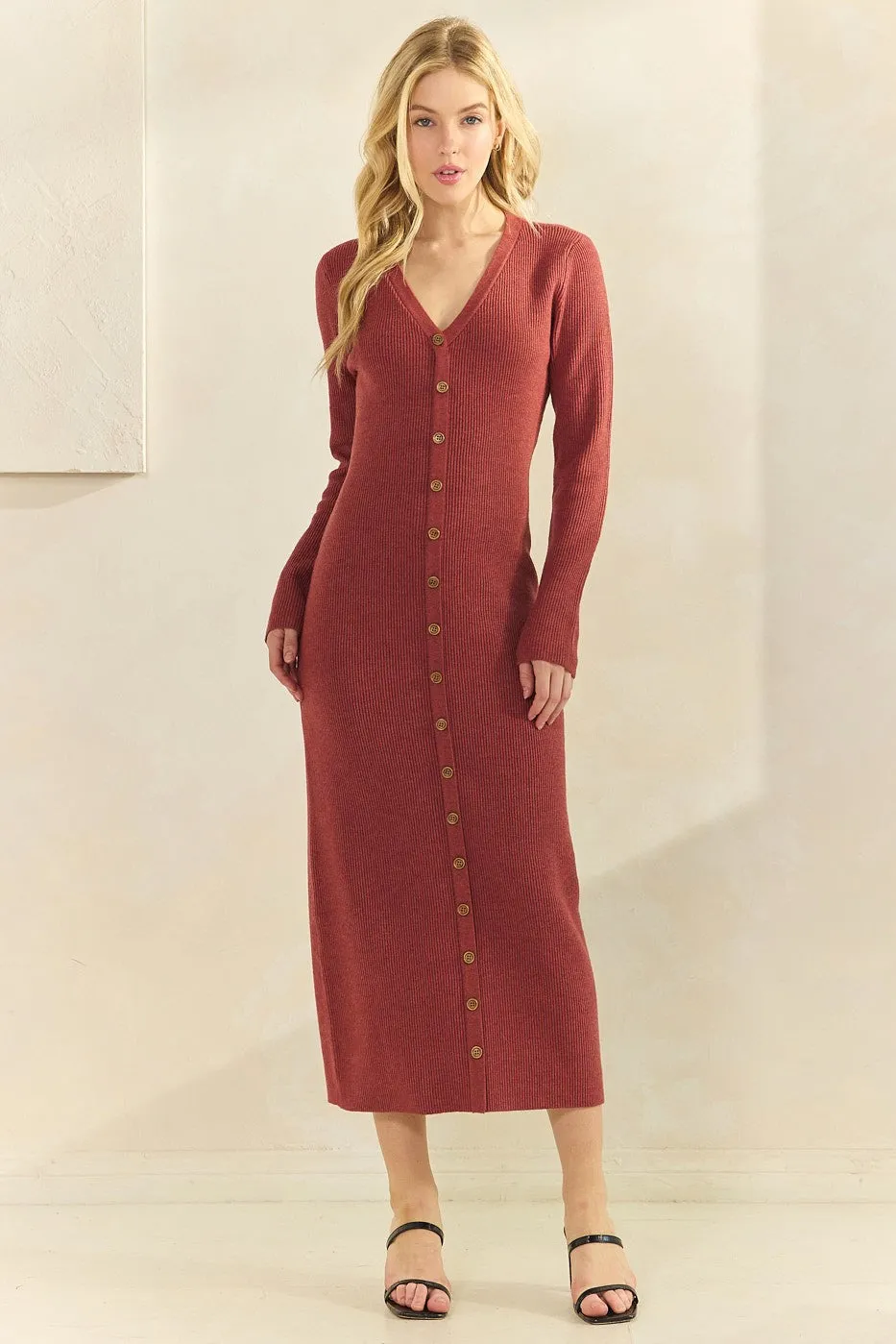 Rust Ribbed Knit Button Down Long Sleeve Maternity Midi Dress sold by Pinkblush product image thumbnail 3