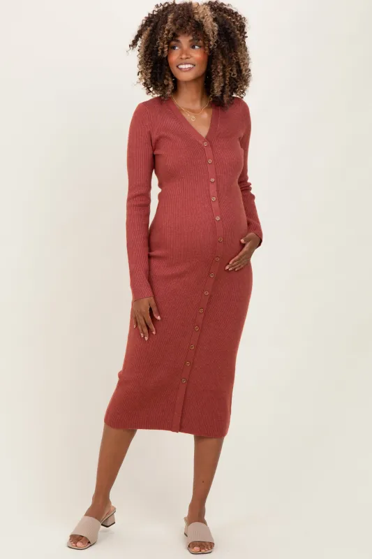 Rust Ribbed Knit Button Down Long Sleeve Maternity Midi Dress sold by Pinkblush