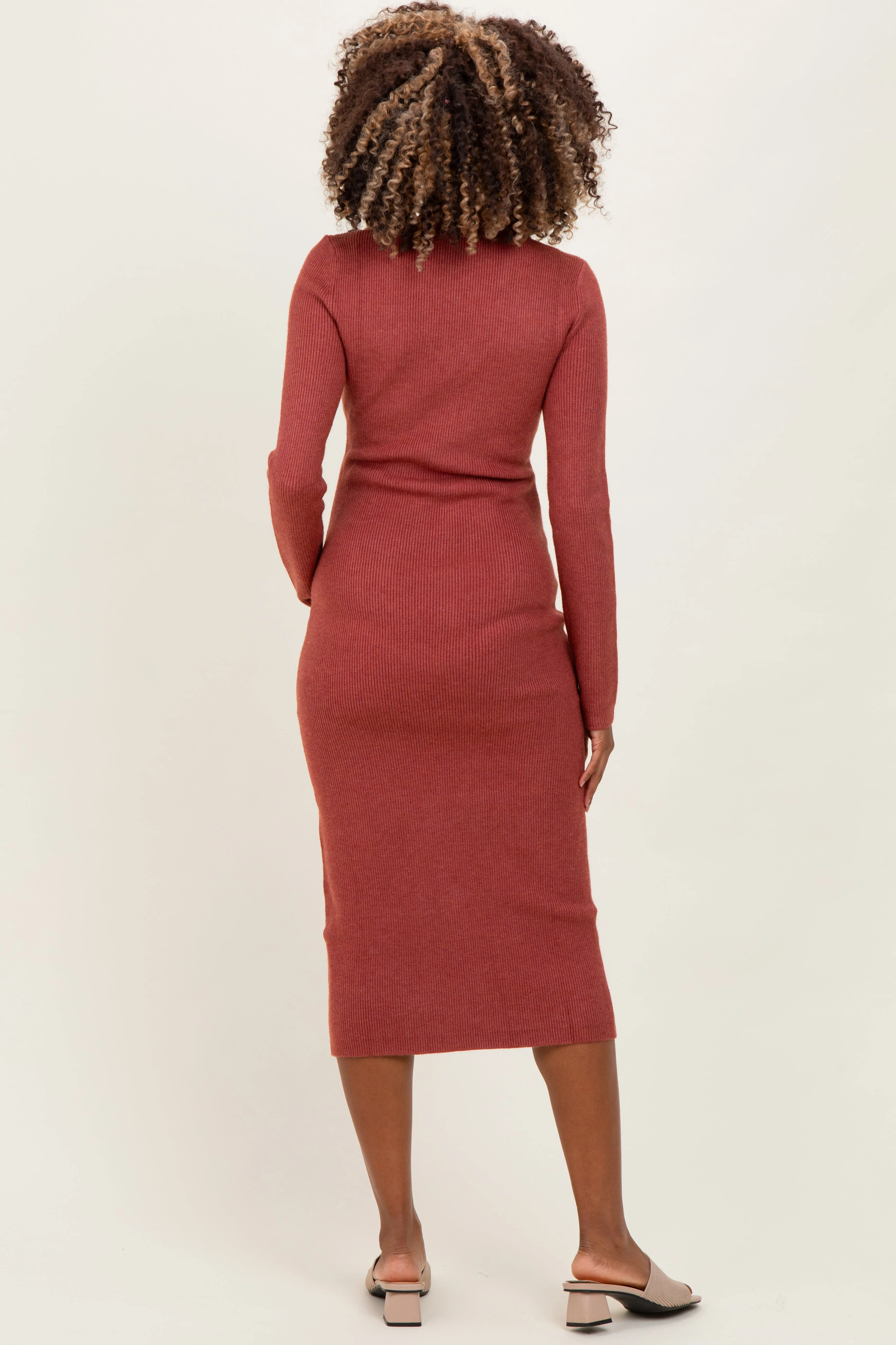 Rust Ribbed Knit Button Down Long Sleeve Maternity Midi Dress sold by Pinkblush product image thumbnail 2