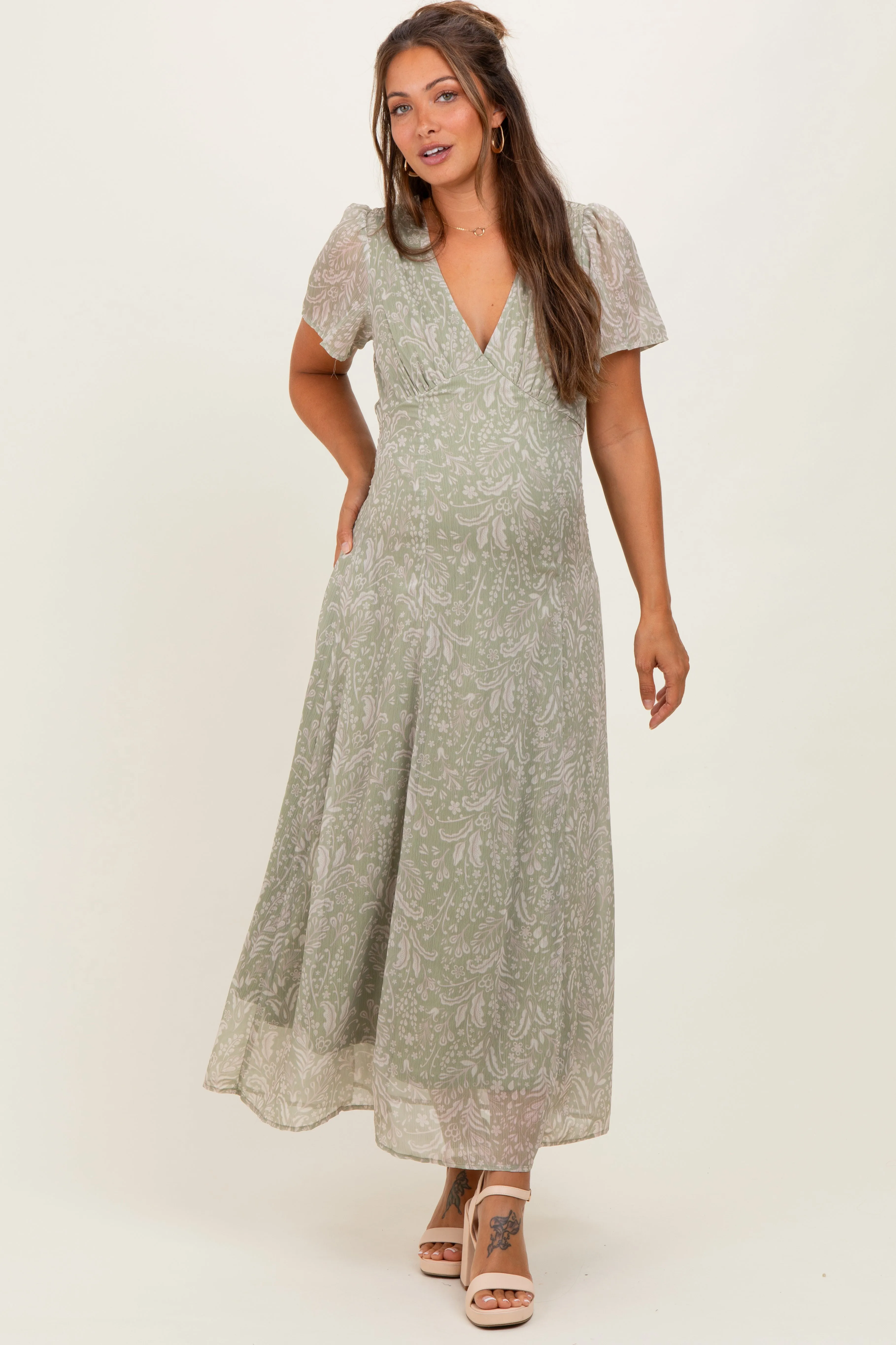 Light Olive Floral Chiffon V-Neck Maternity Maxi Dress sold by Pinkblush product image thumbnail 2