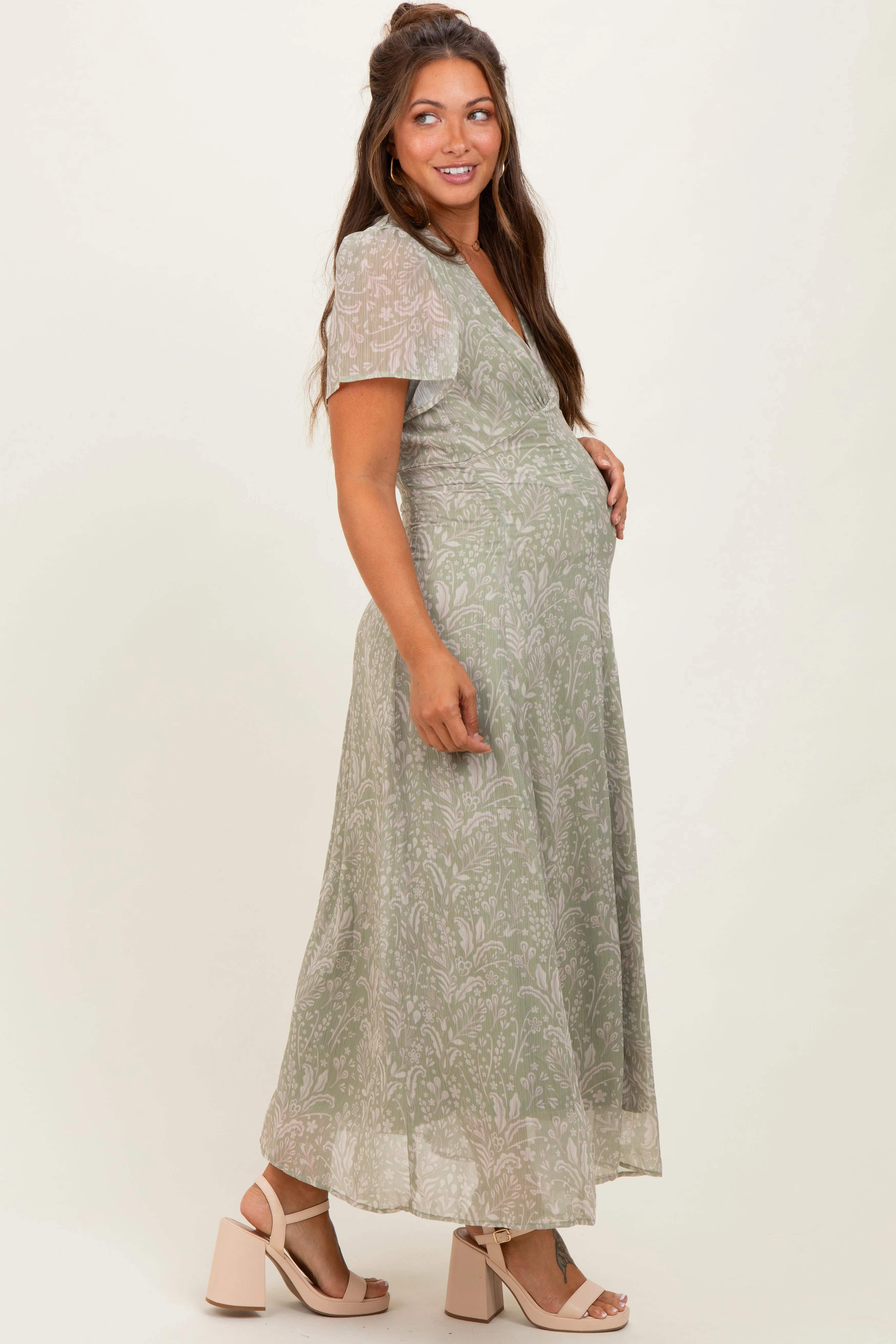Light Olive Floral Chiffon V-Neck Maternity Maxi Dress sold by Pinkblush product image thumbnail 3