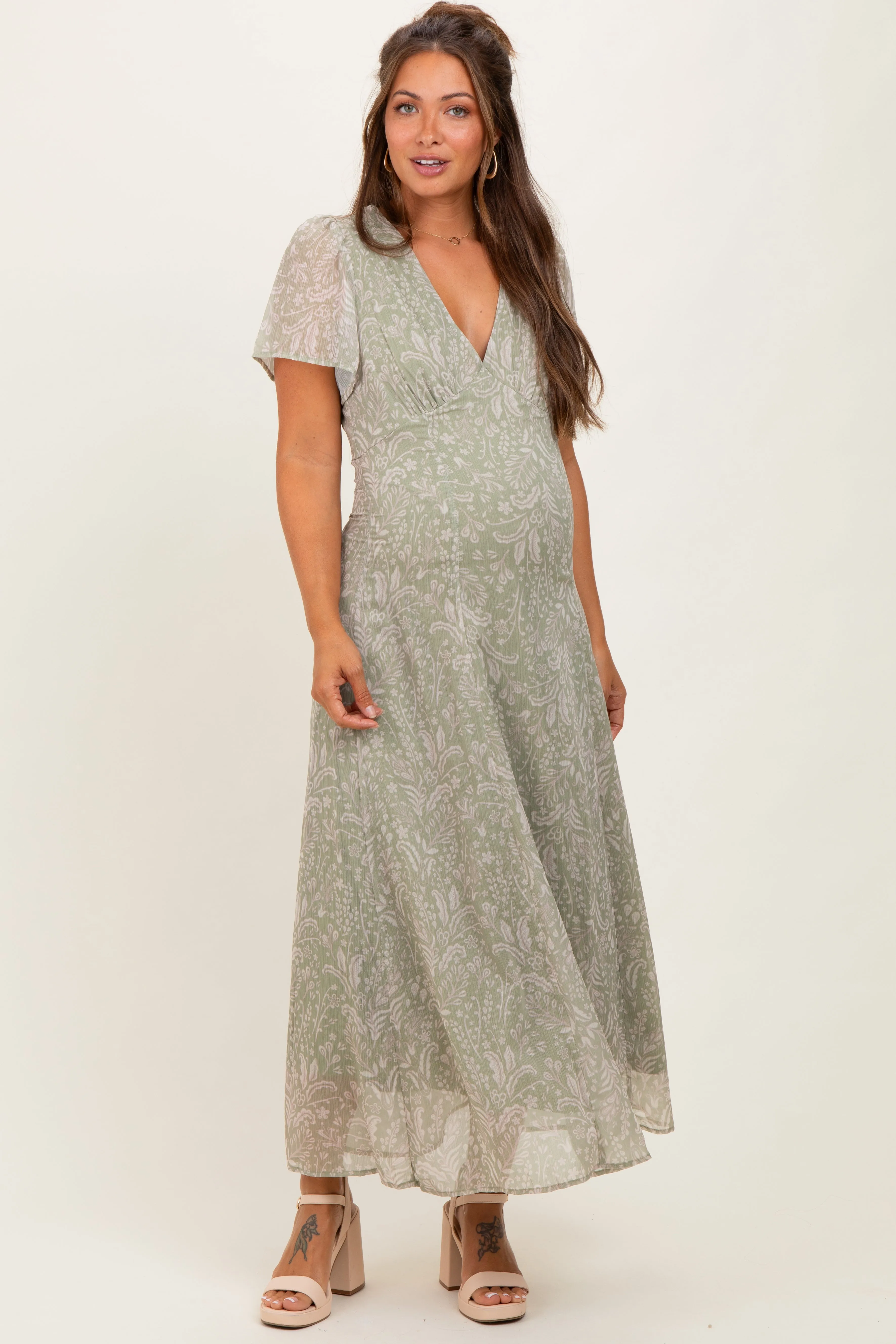 Light Olive Floral Chiffon V-Neck Maternity Maxi Dress sold by Pinkblush