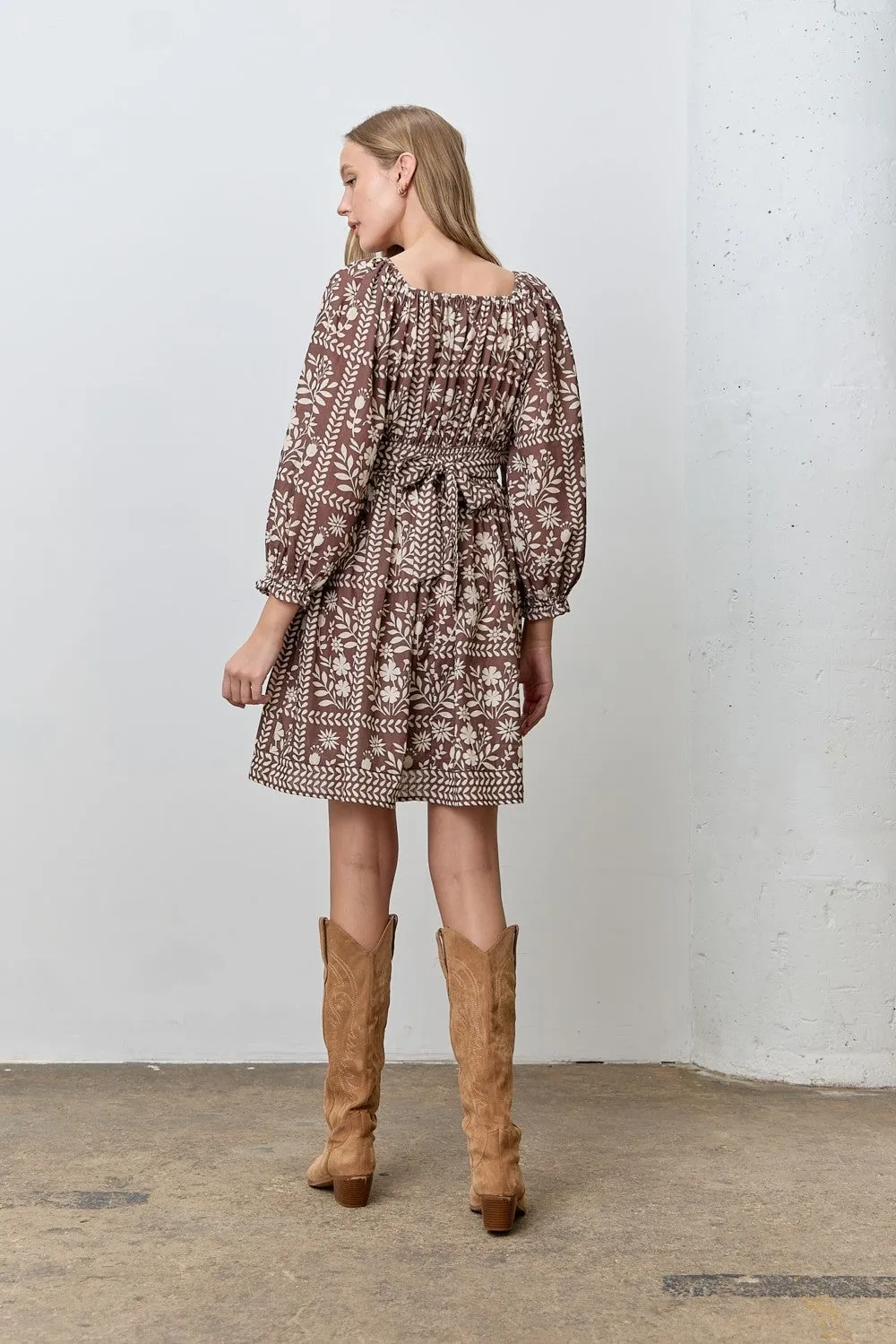Brown Floral Square Neck Bubble Sleeve Dress sold by Pinkblush product image thumbnail 3