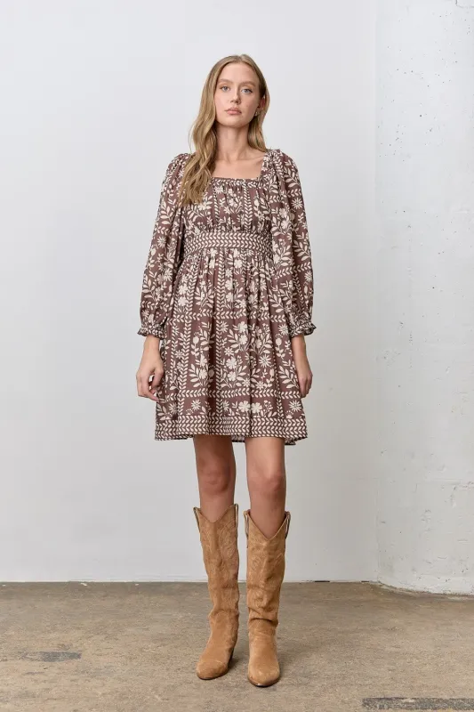Brown Floral Square Neck Bubble Sleeve Dress sold by Pinkblush