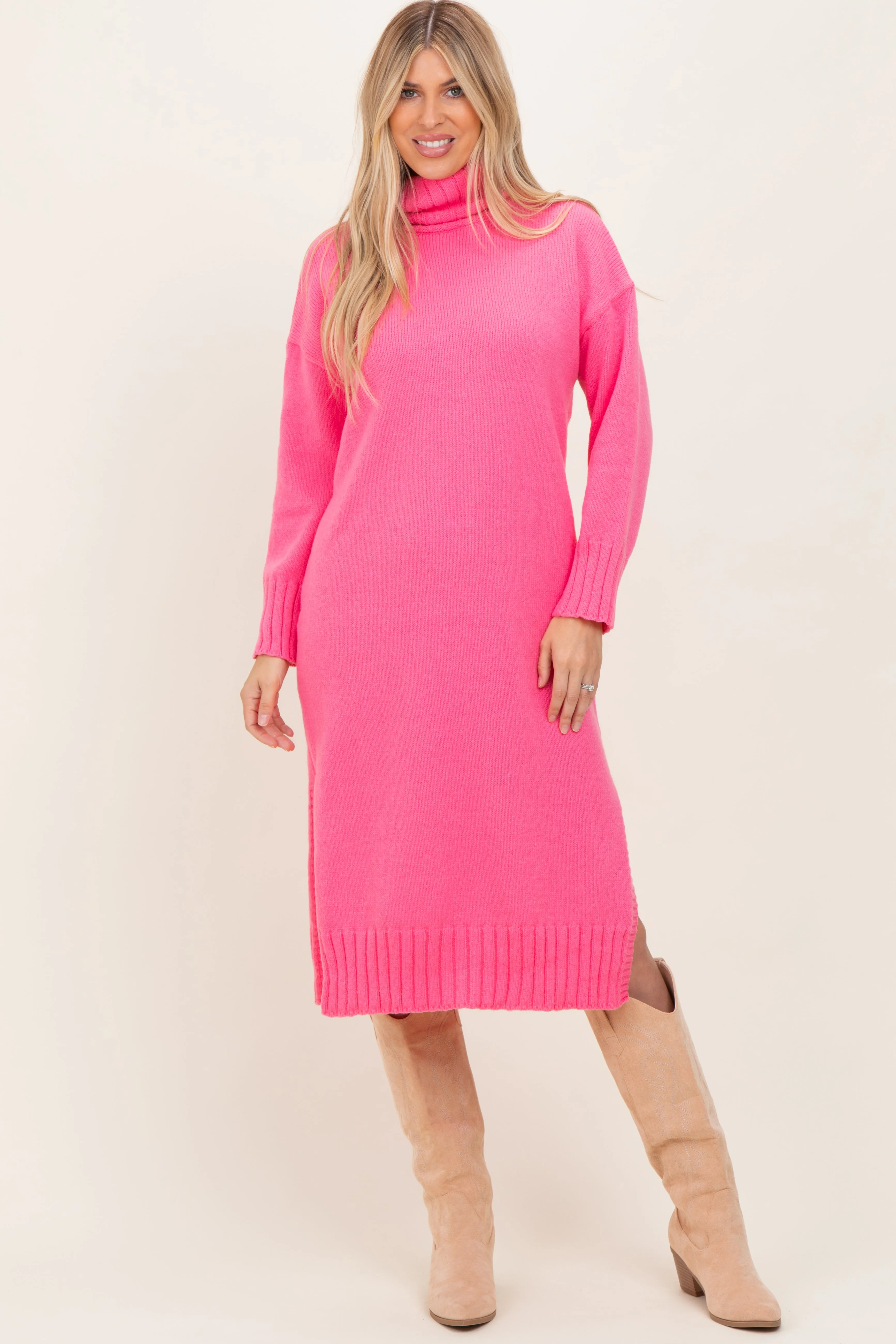 Pink Turtleneck Chunky Knit Maternity Midi Sweater Dress sold by Pinkblush product image thumbnail 4