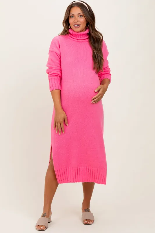 Pink Turtleneck Chunky Knit Maternity Midi Sweater Dress sold by Pinkblush