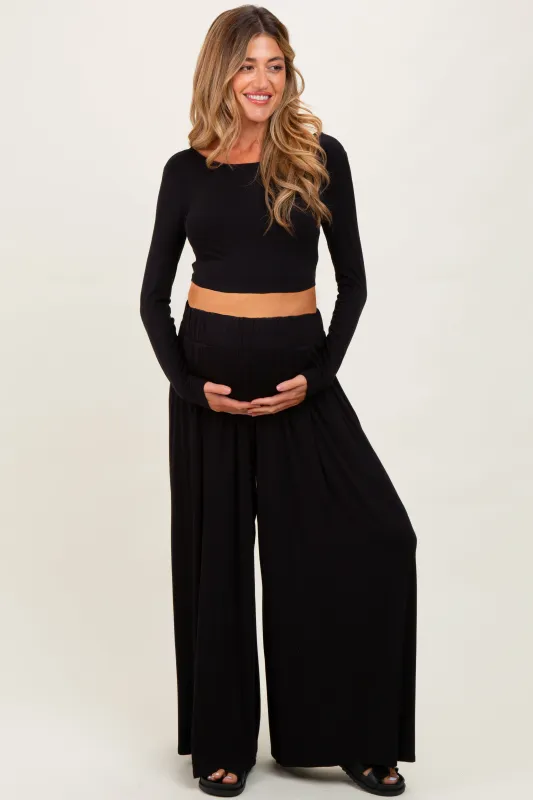 Black Long-Sleeve Crop Top And Maxi Pants Maternity Set sold by Pinkblush