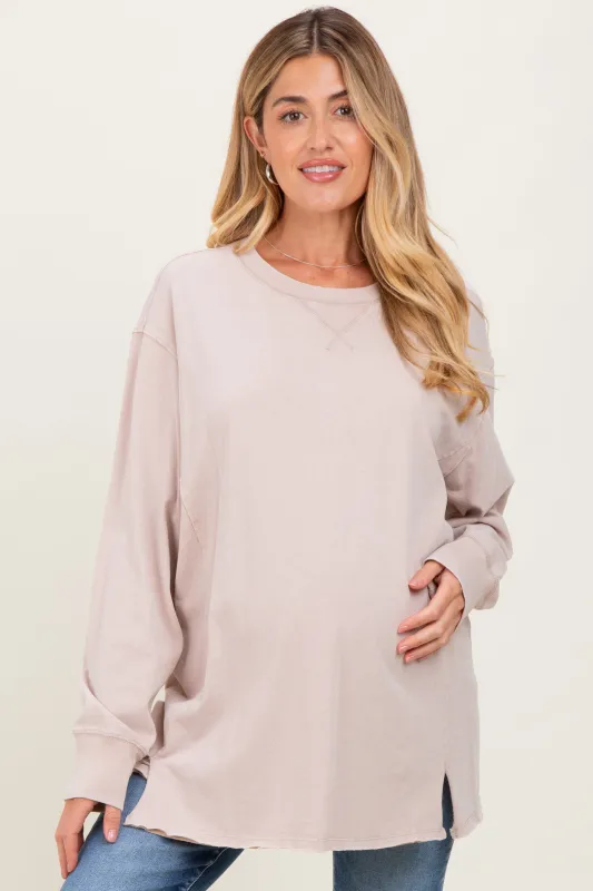 Beige Mineral Washed Drop Shoulder Long Sleeve Maternity Top sold by Pinkblush
