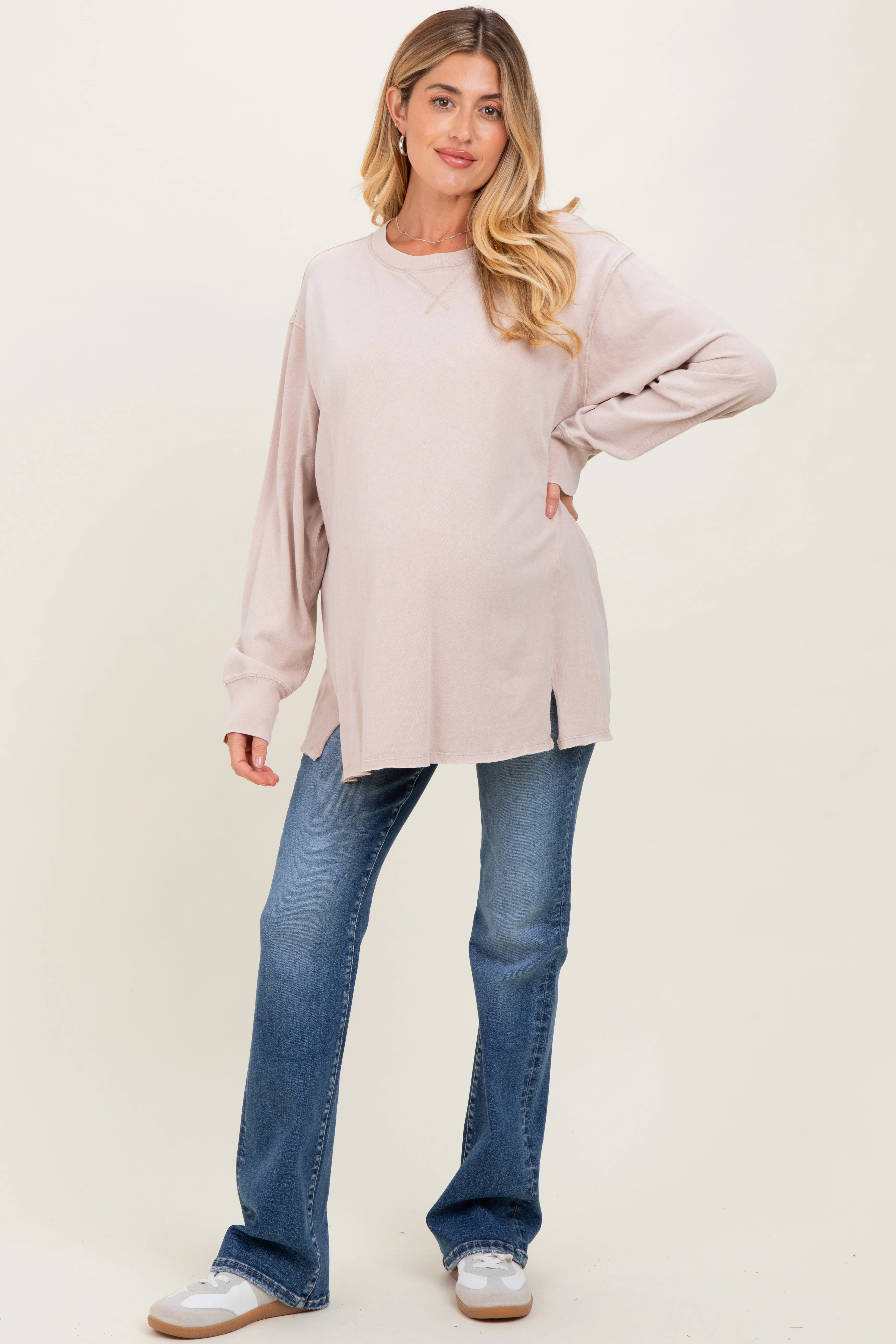 Beige Mineral Washed Drop Shoulder Long Sleeve Maternity Top sold by Pinkblush product image thumbnail 2