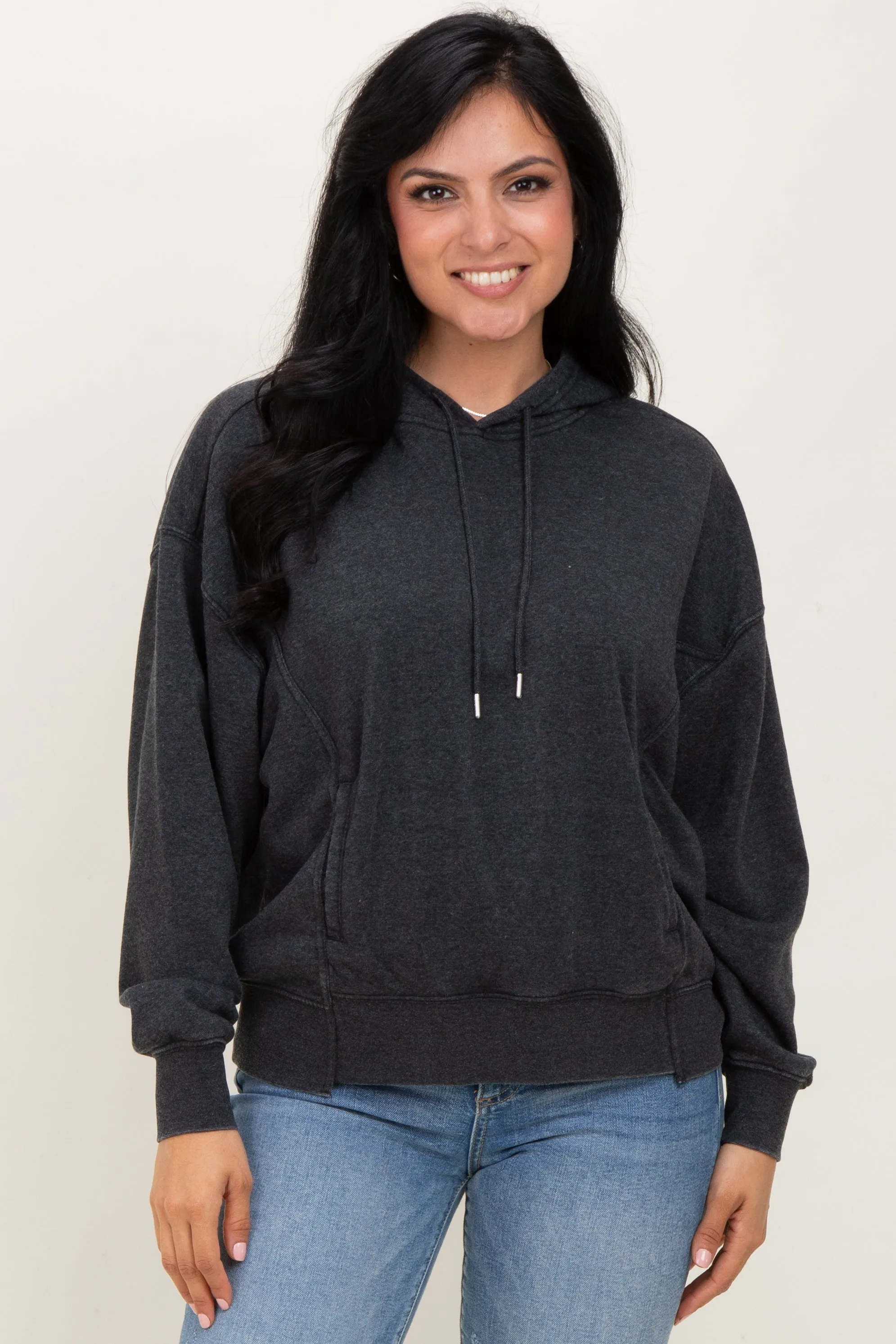 Black Drop Shoulder Long Sleeve Oversized Maternity Hoodie sold by Pinkblush product image thumbnail 4