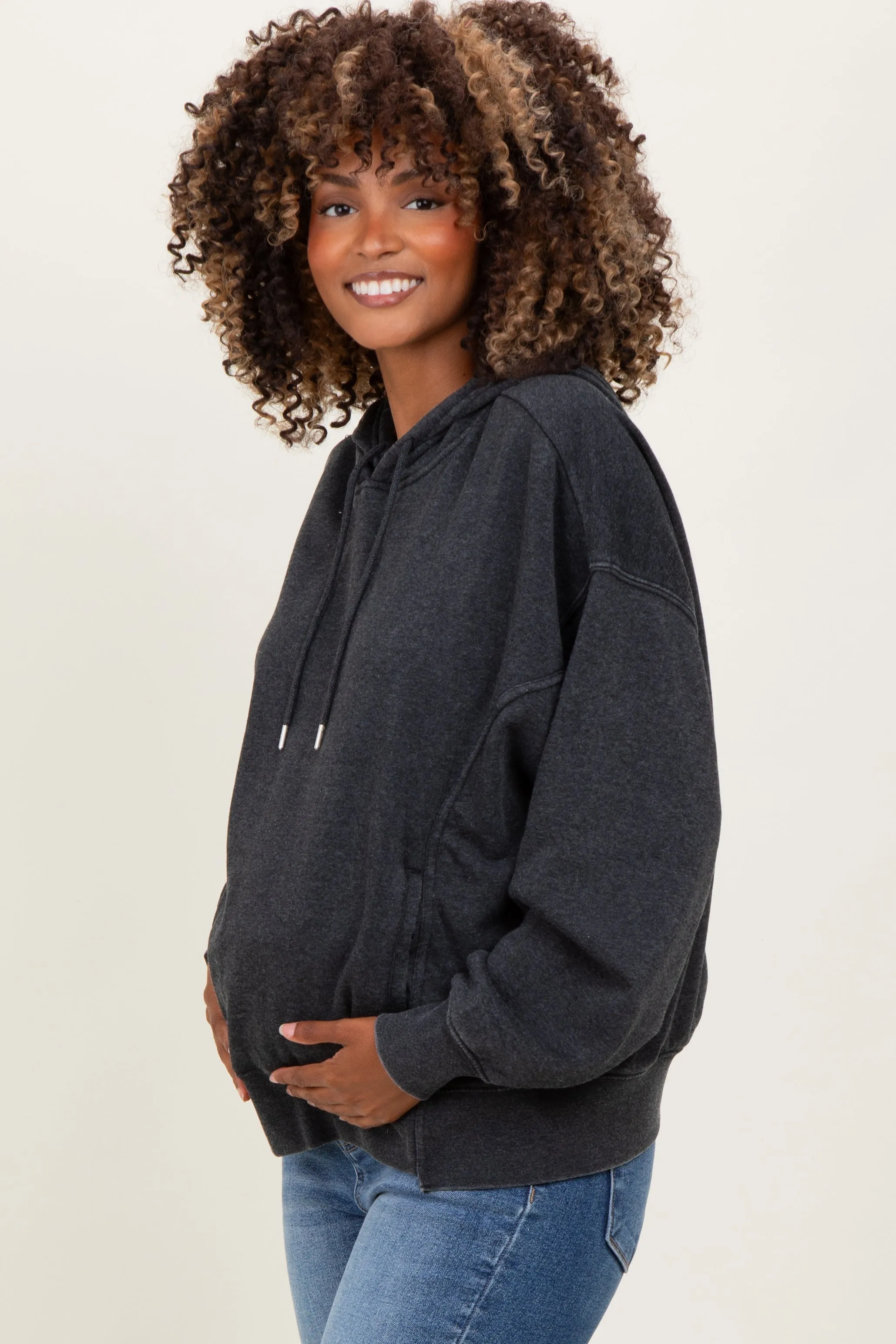 Black Drop Shoulder Long Sleeve Oversized Maternity Hoodie sold by Pinkblush product image thumbnail 2