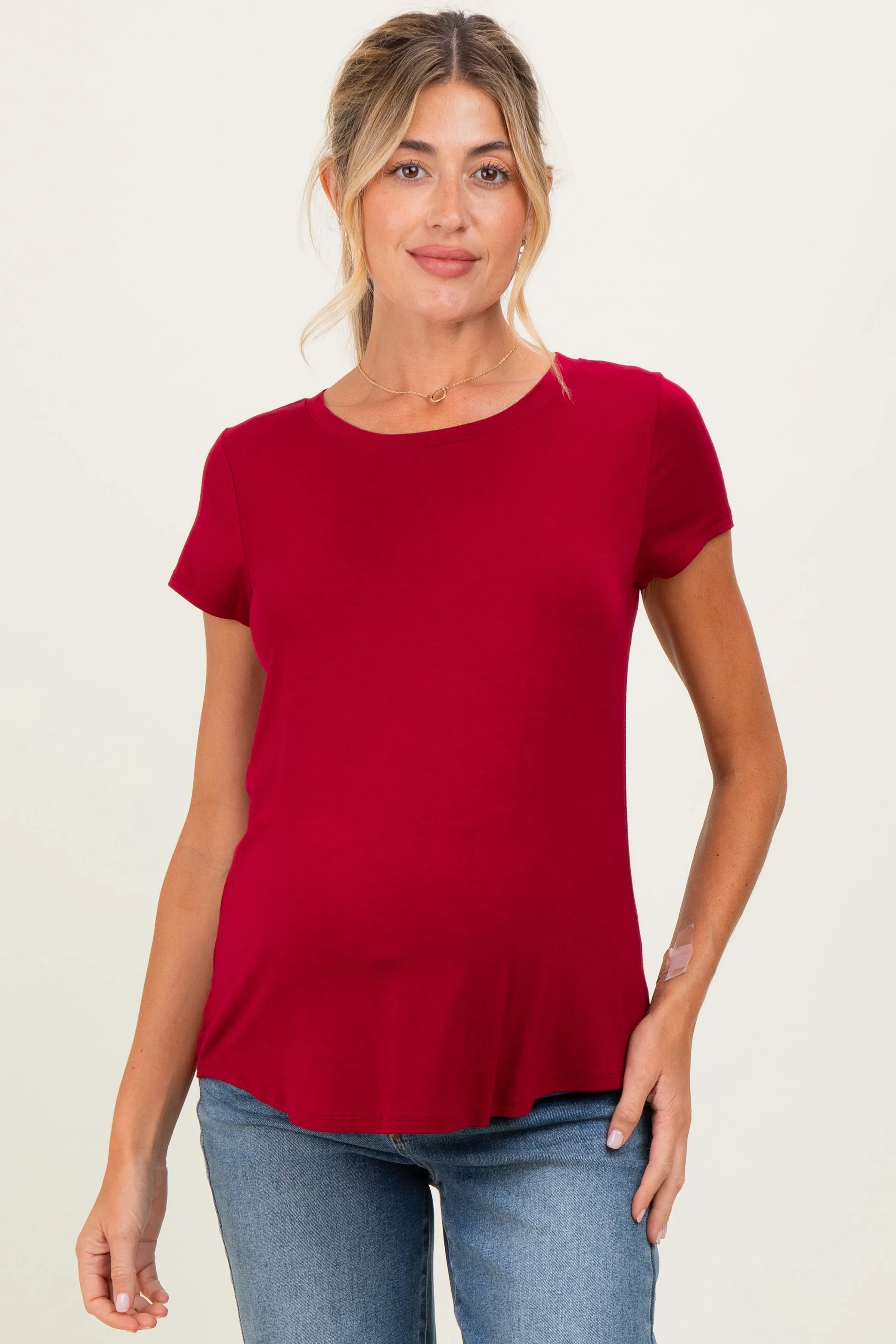 Burgundy Basic Short Sleeve Maternity Top sold by Pinkblush