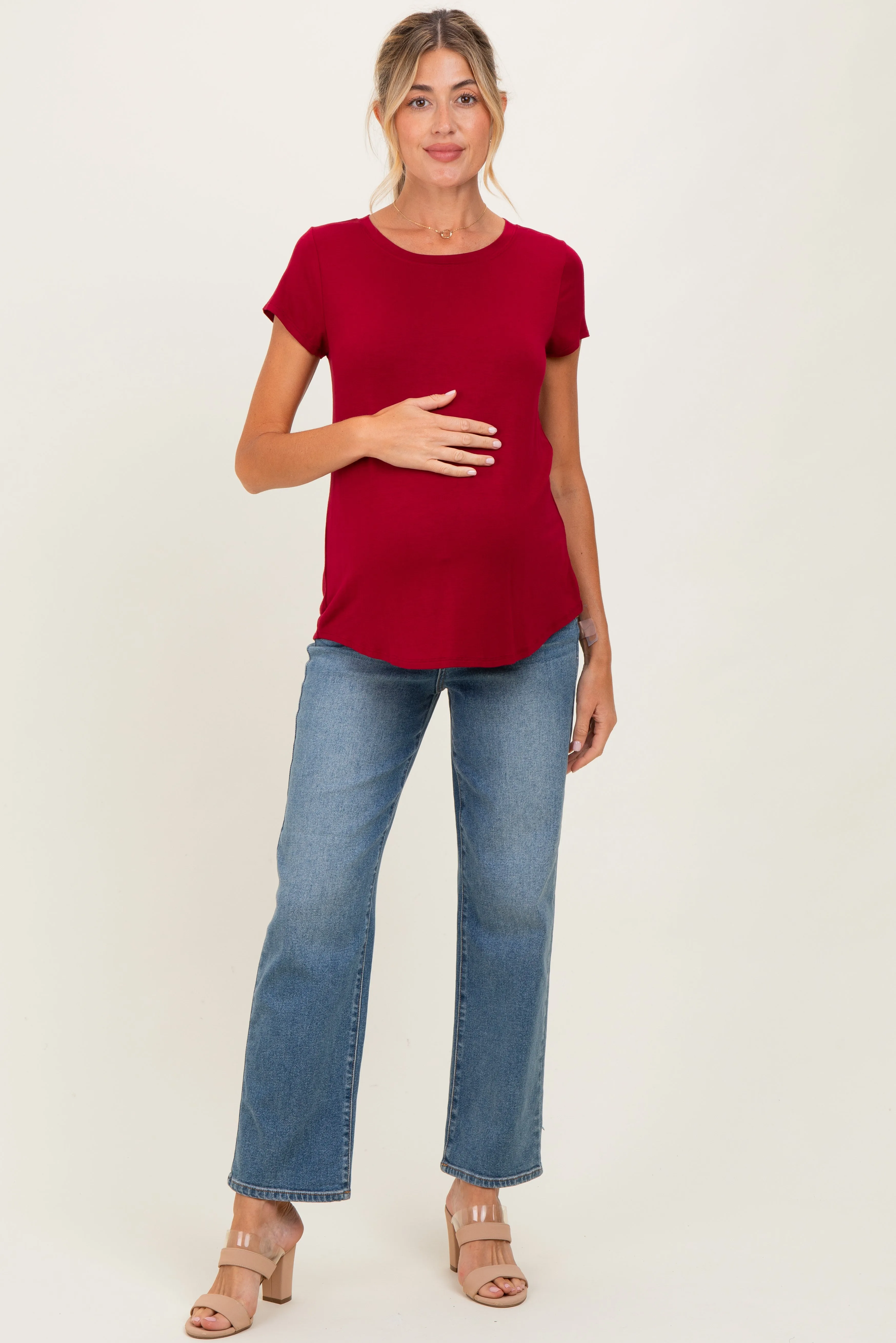 Burgundy Basic Short Sleeve Maternity Top sold by Pinkblush product image thumbnail 2