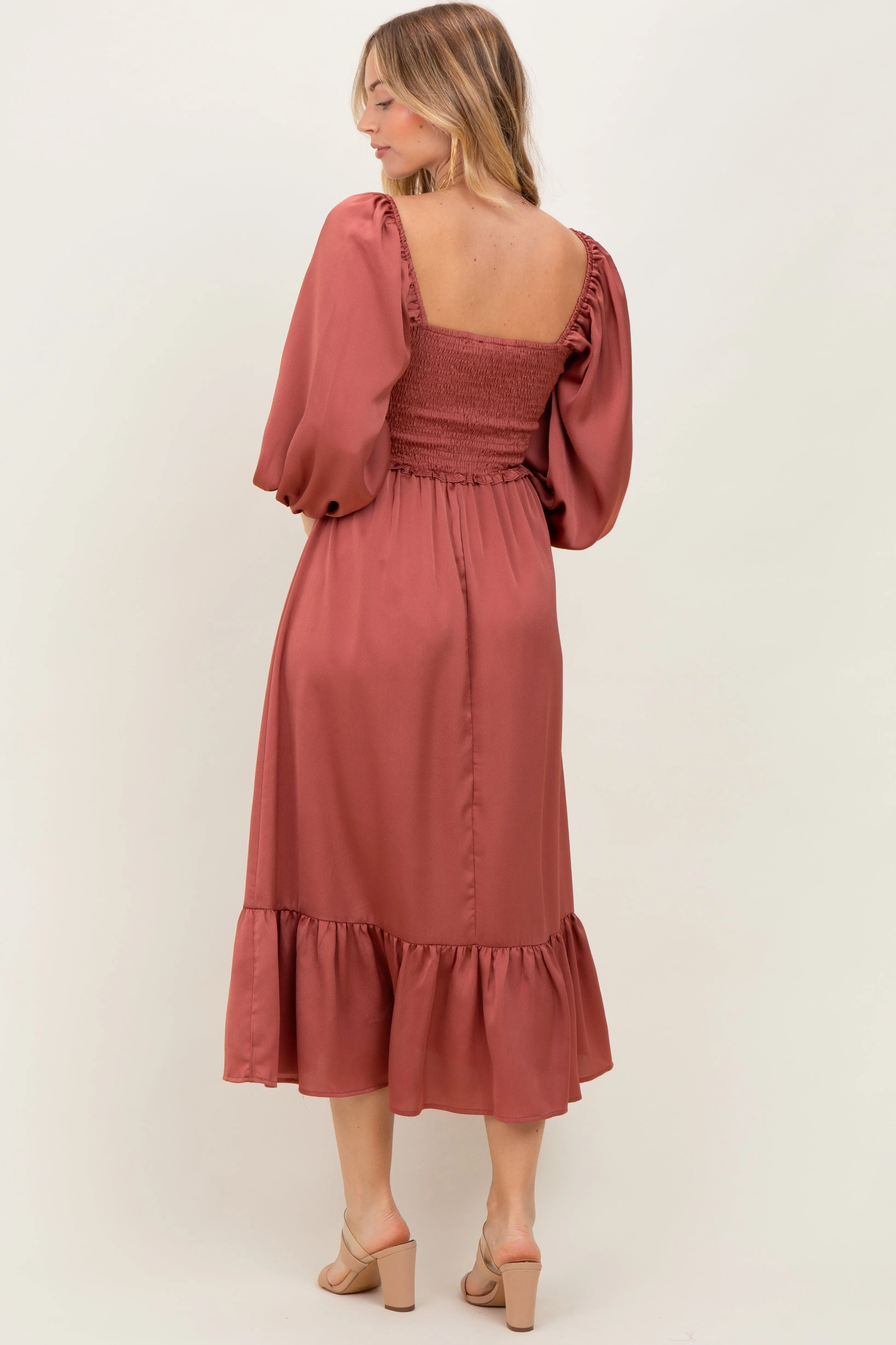 Mauve Satin Smocked Cinched Bust Midi Dress sold by Pinkblush product image thumbnail 3