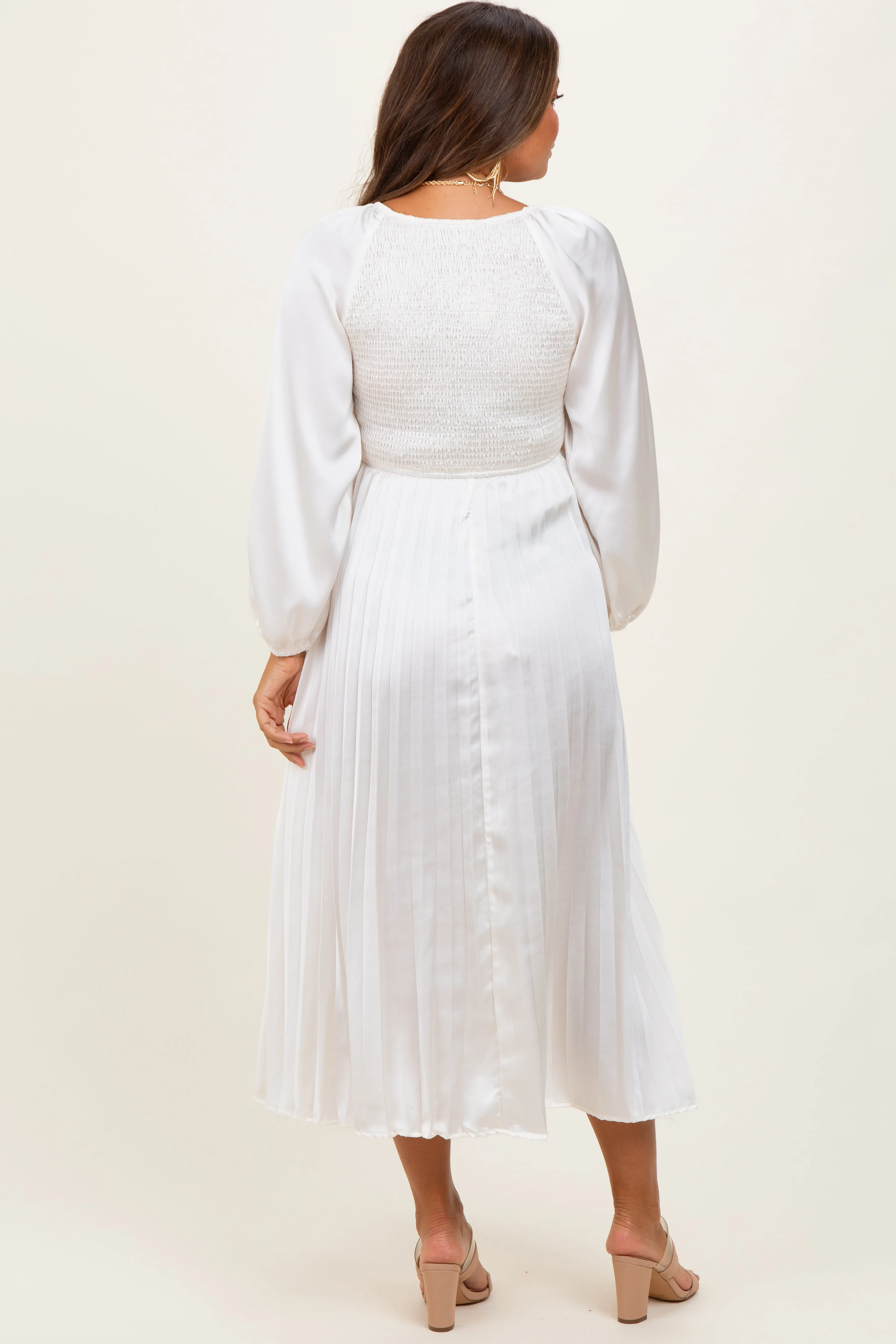 Cream Satin Smocked Pleated Maternity Midi Dress sold by Pinkblush product image thumbnail 4