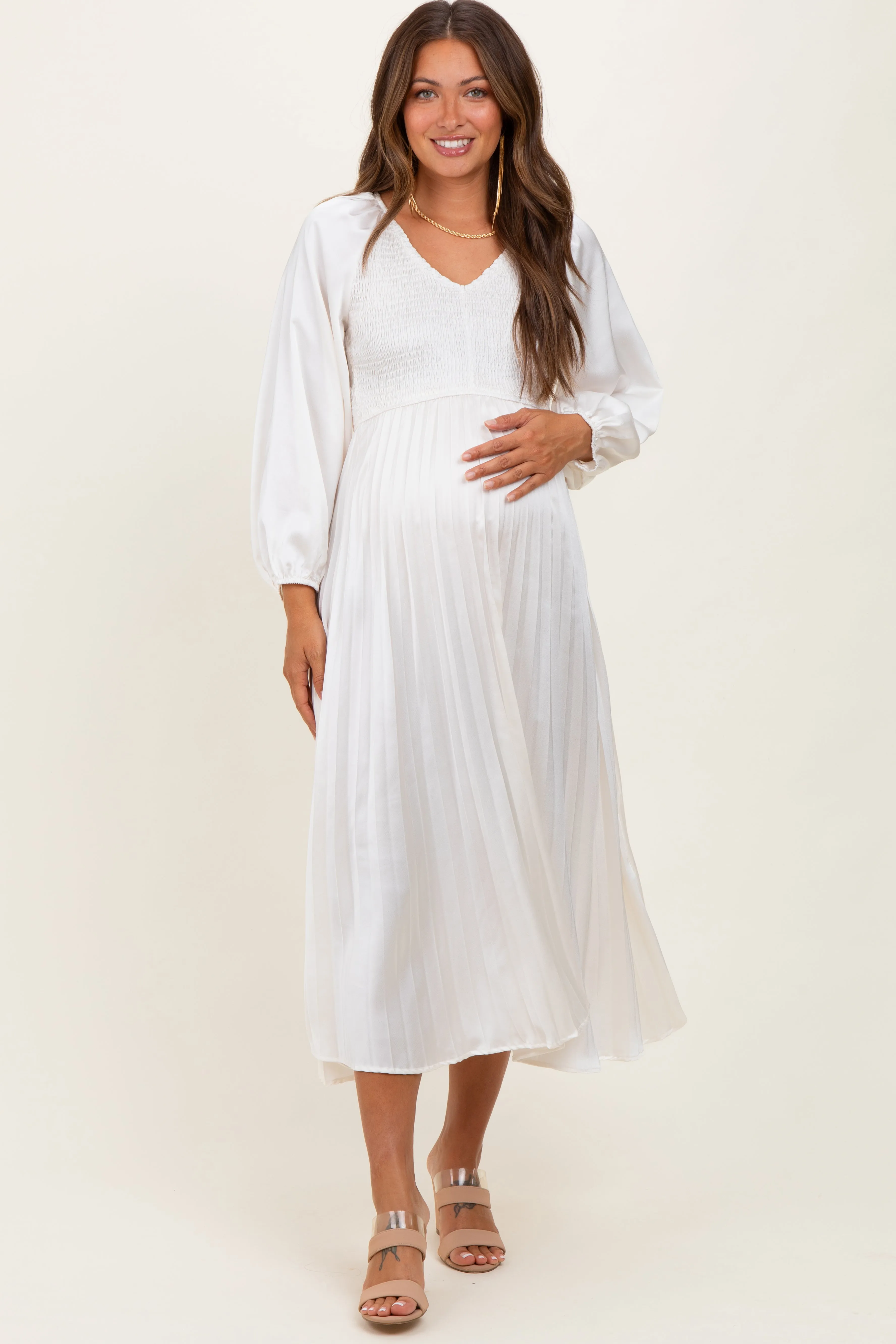 Cream Satin Smocked Pleated Maternity Midi Dress sold by Pinkblush