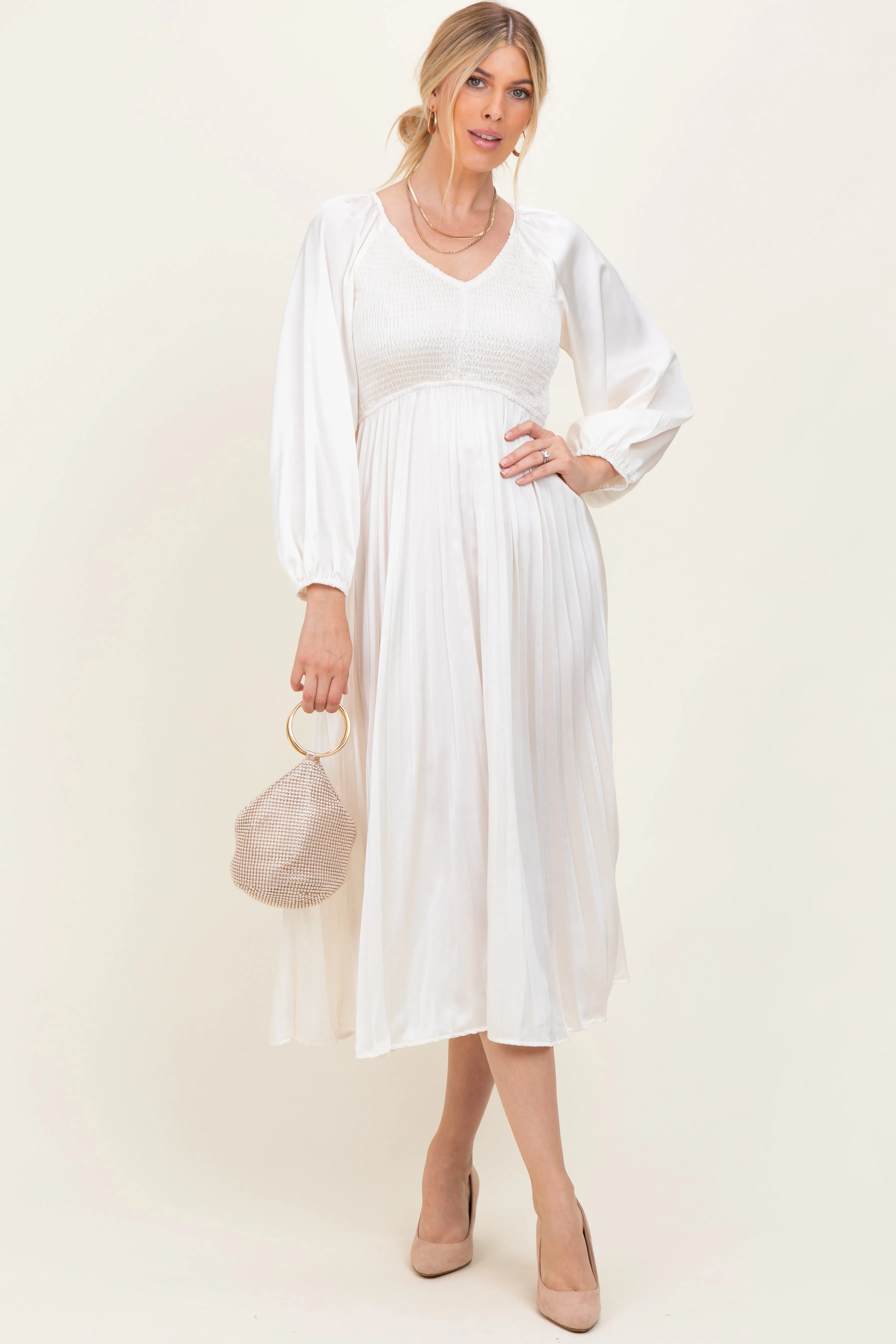Cream Satin Smocked Pleated Maternity Midi Dress sold by Pinkblush product image thumbnail 5
