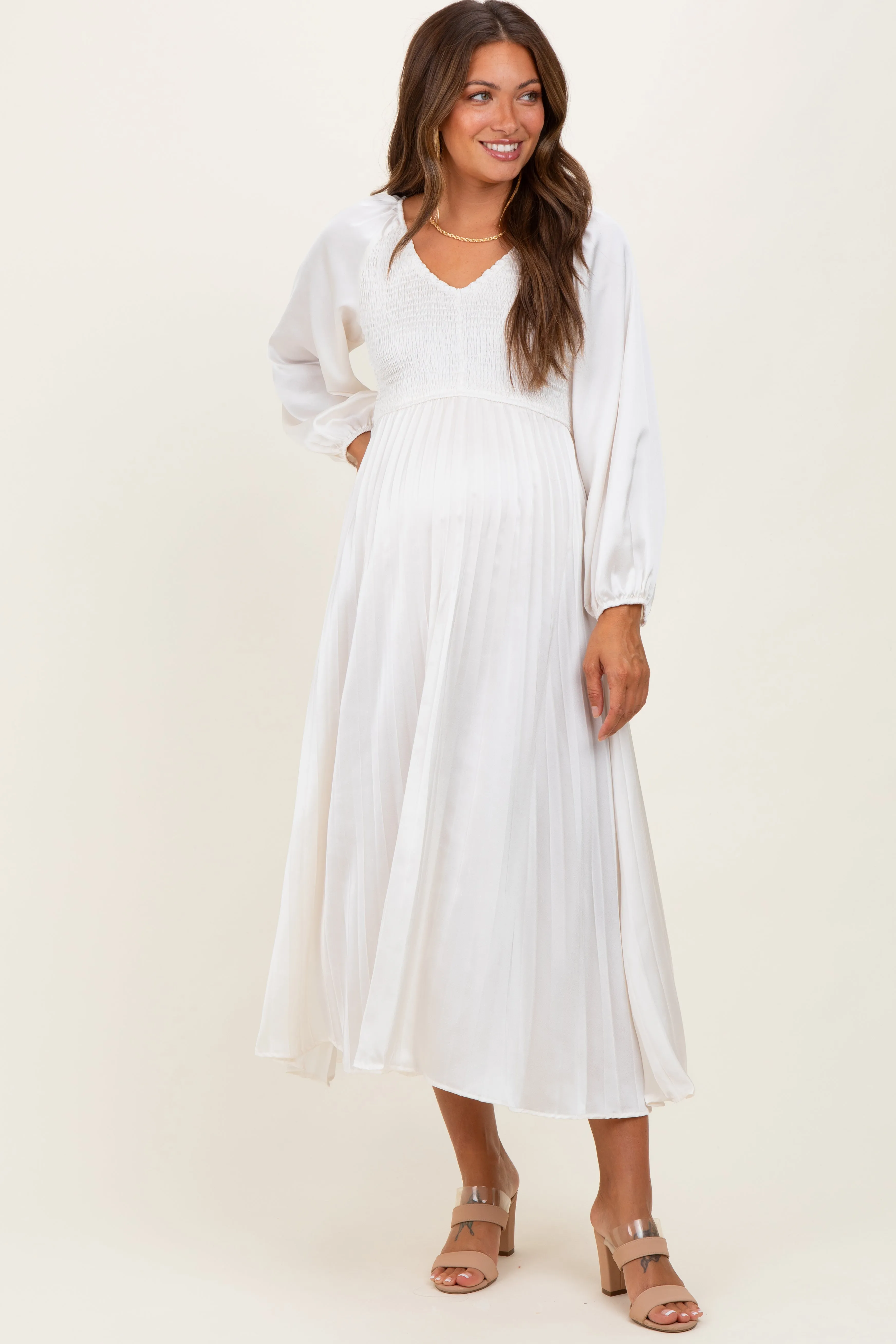 Cream Satin Smocked Pleated Maternity Midi Dress sold by Pinkblush product image thumbnail 2