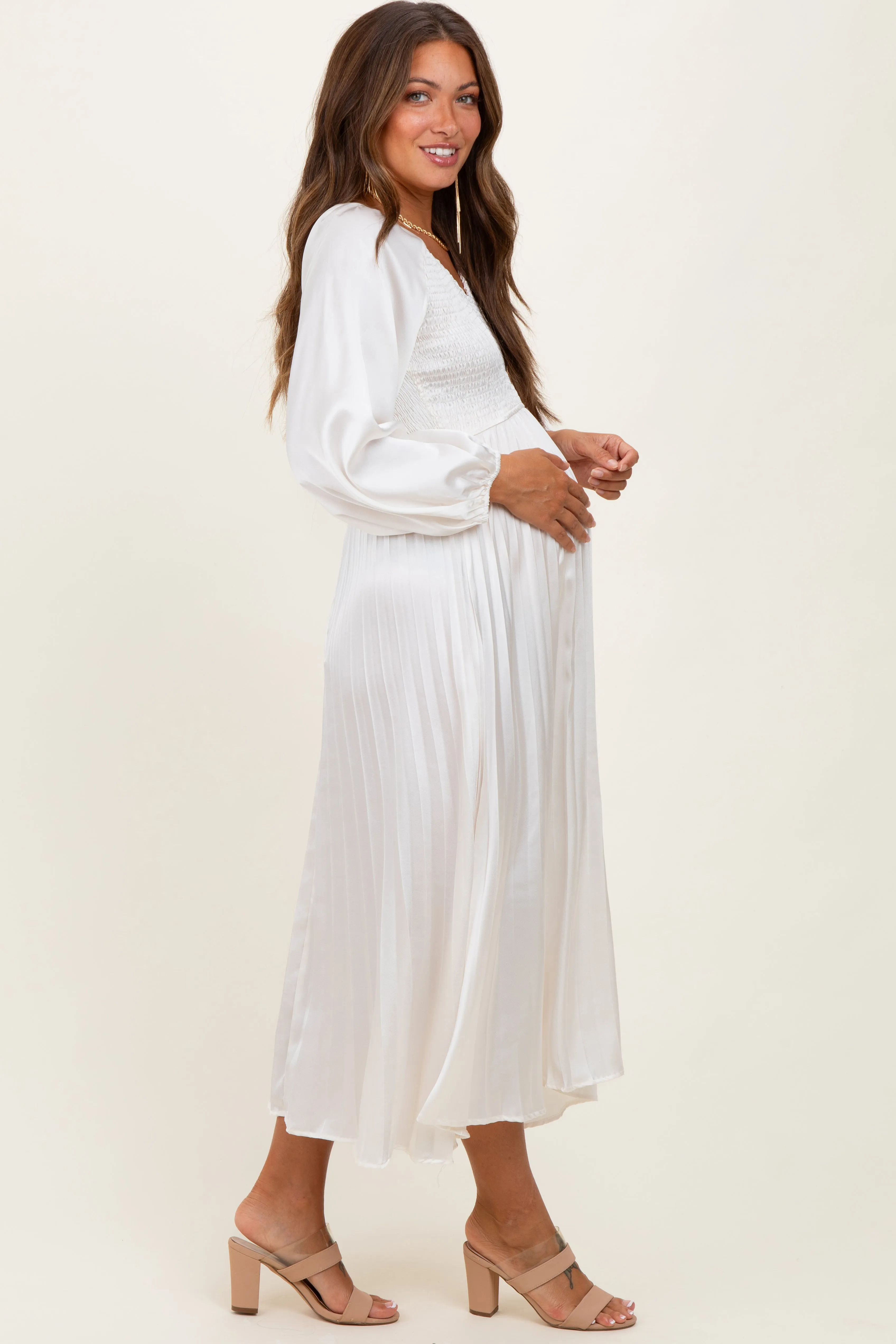 Cream Satin Smocked Pleated Maternity Midi Dress sold by Pinkblush product image thumbnail 3