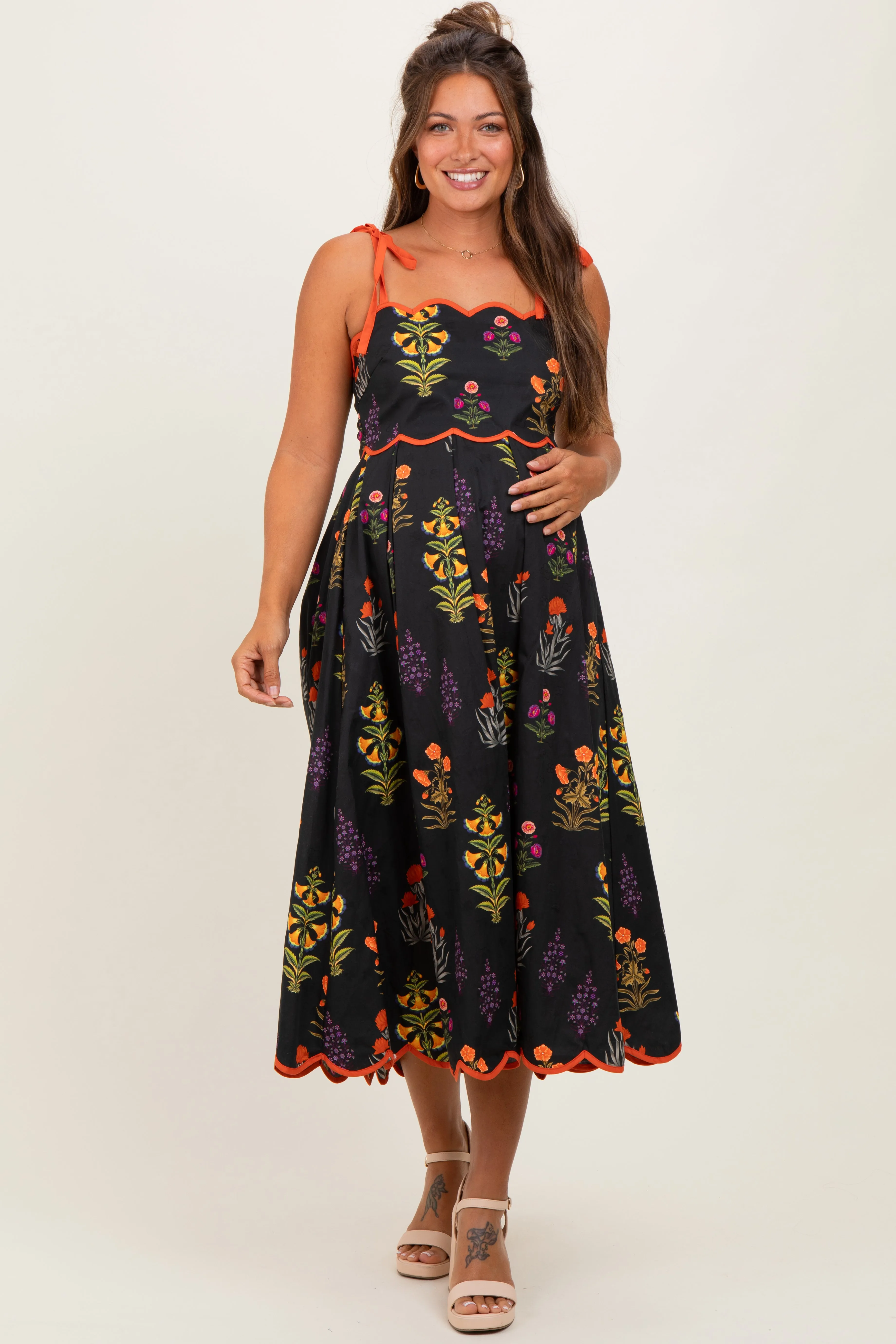 Black Floral Scallop Edge Shoulder Tie Maternity Midi Dress sold by Pinkblush product image thumbnail 2