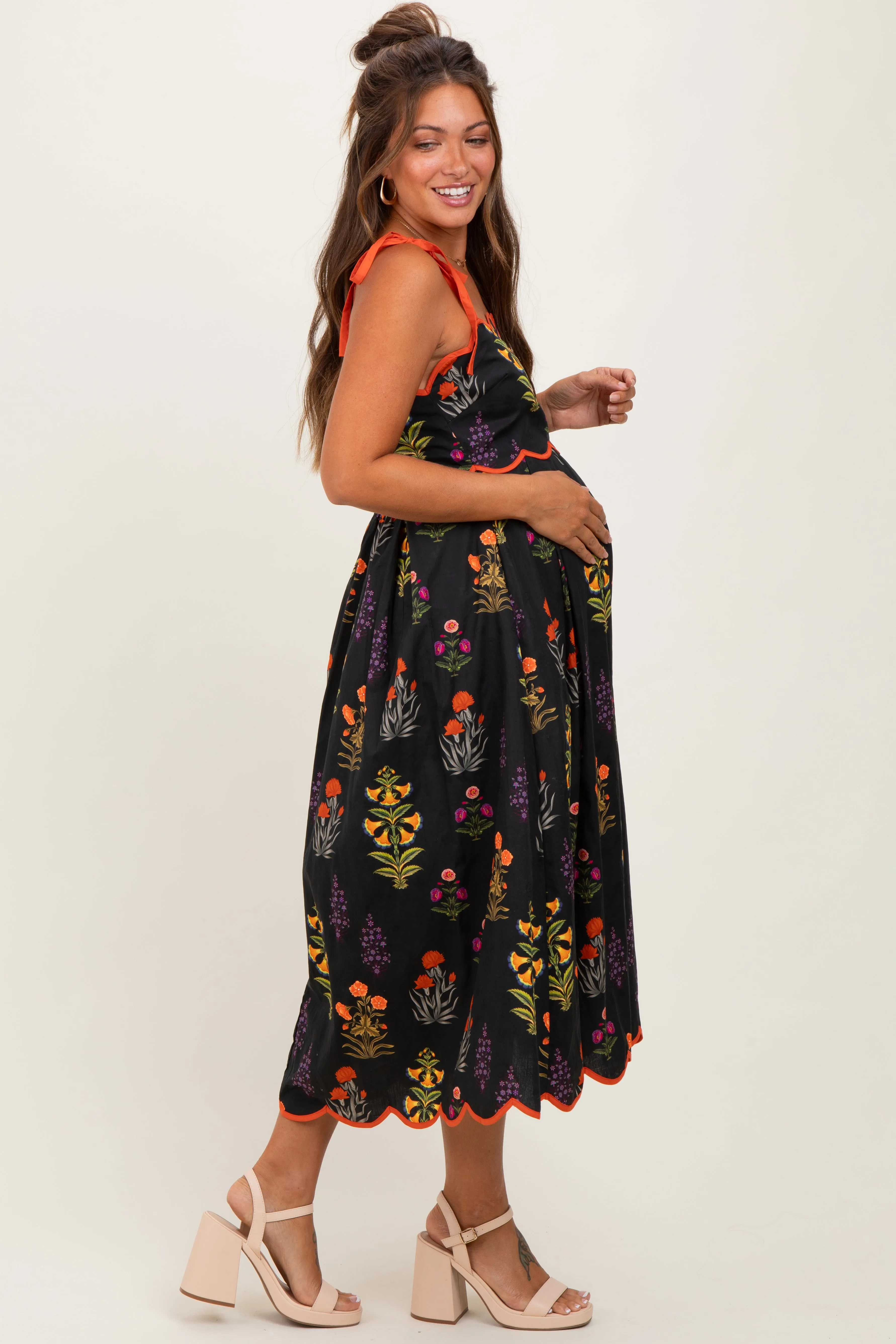 Black Floral Scallop Edge Shoulder Tie Maternity Midi Dress sold by Pinkblush product image thumbnail 3