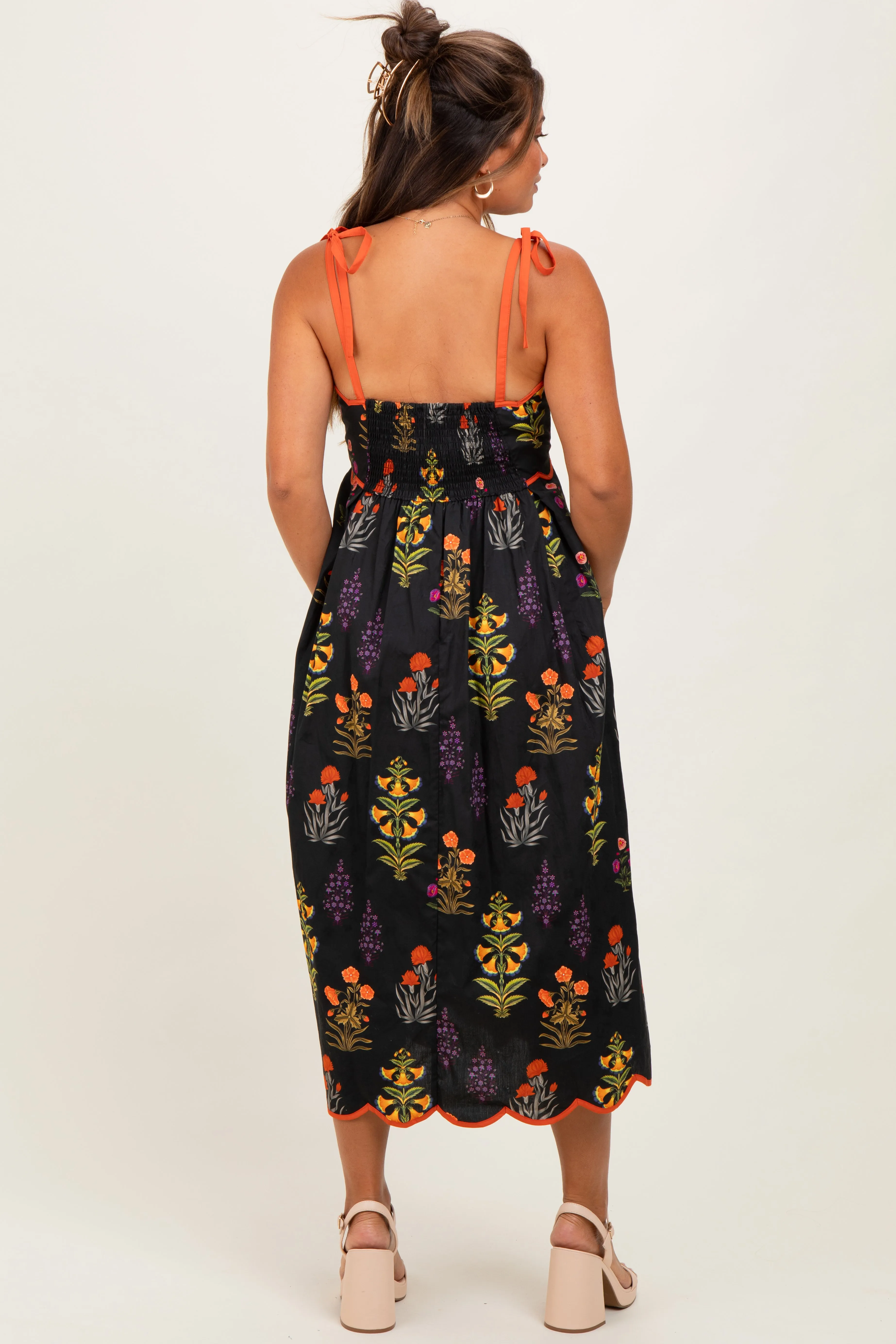 Black Floral Scallop Edge Shoulder Tie Maternity Midi Dress sold by Pinkblush product image thumbnail 4