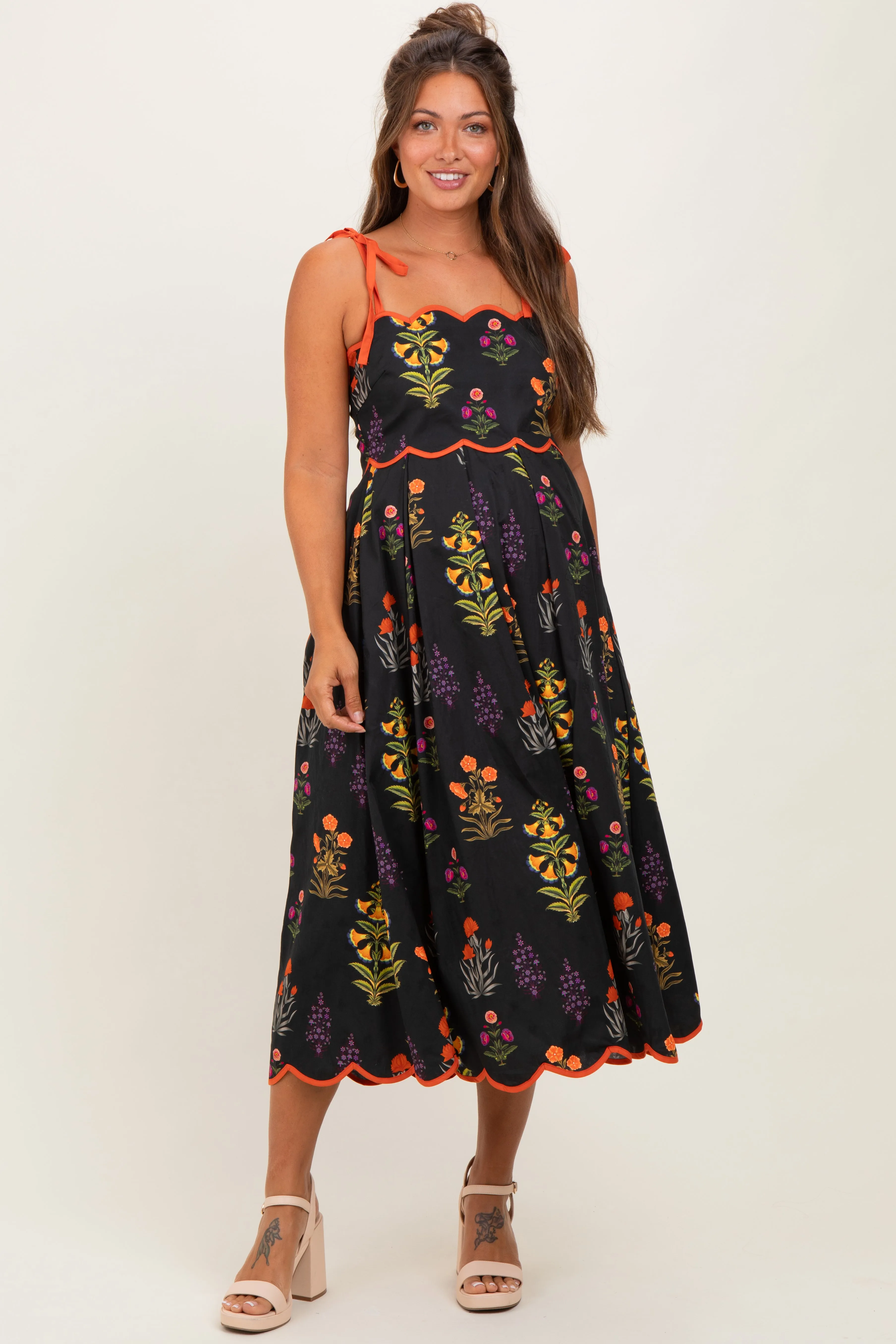 Black Floral Scallop Edge Shoulder Tie Maternity Midi Dress sold by Pinkblush
