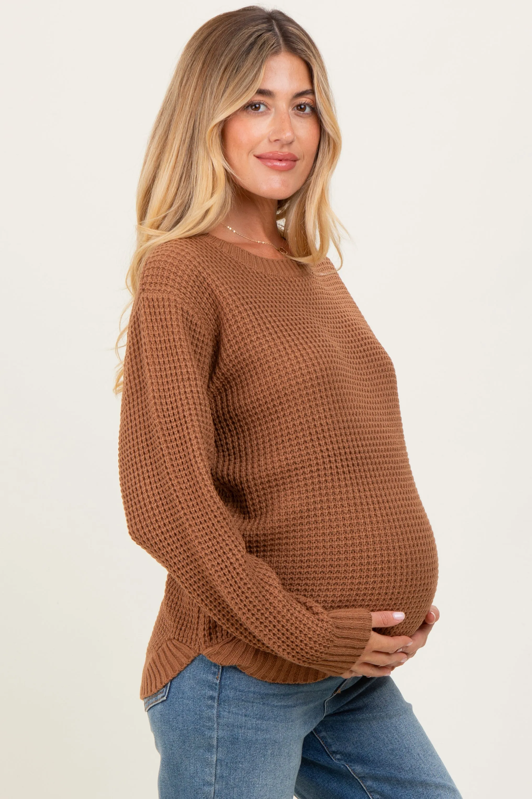 Camel Waffle Knit Rounded Hem Maternity Sweater sold by Pinkblush product image thumbnail 3