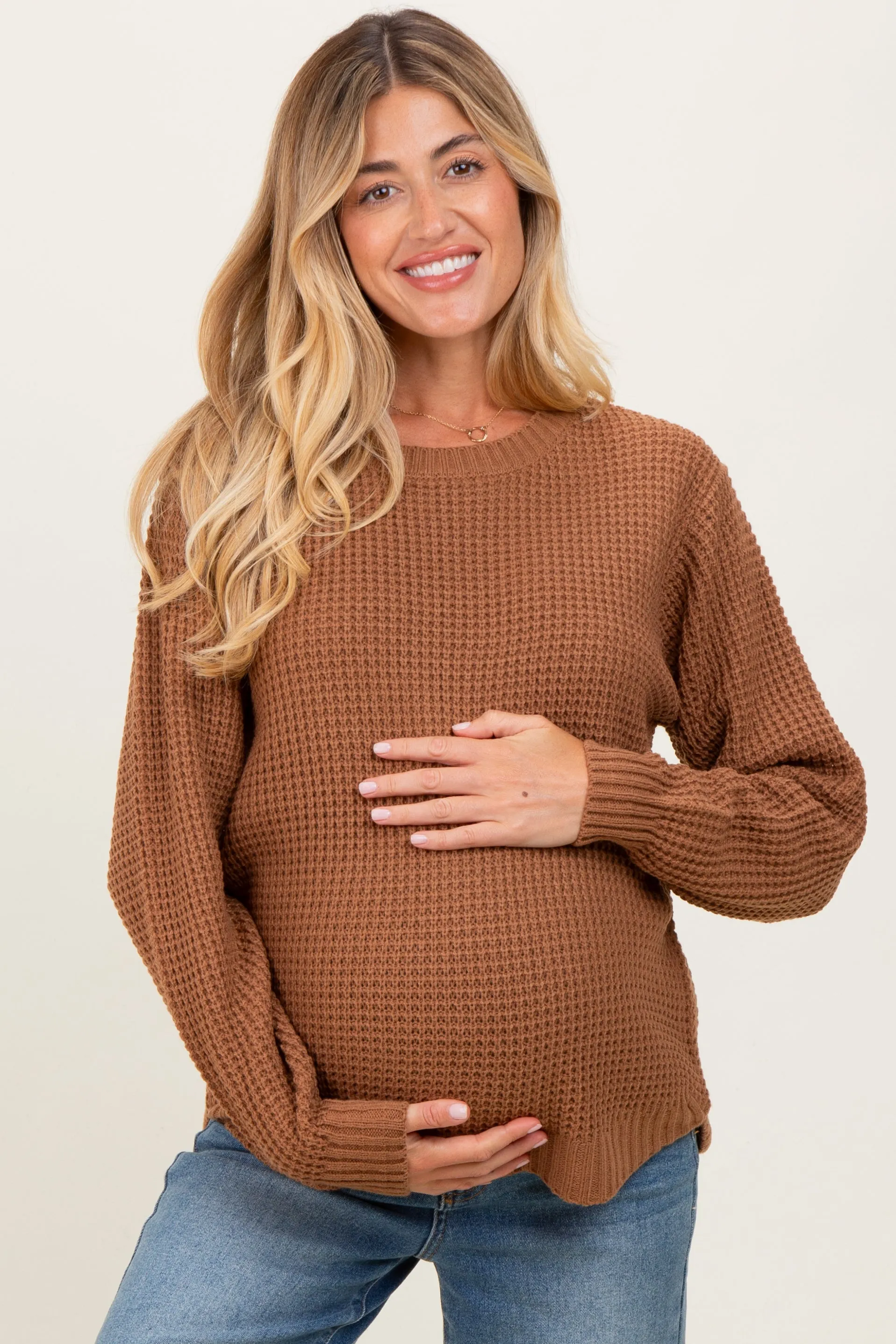 Camel Waffle Knit Rounded Hem Maternity Sweater sold by Pinkblush