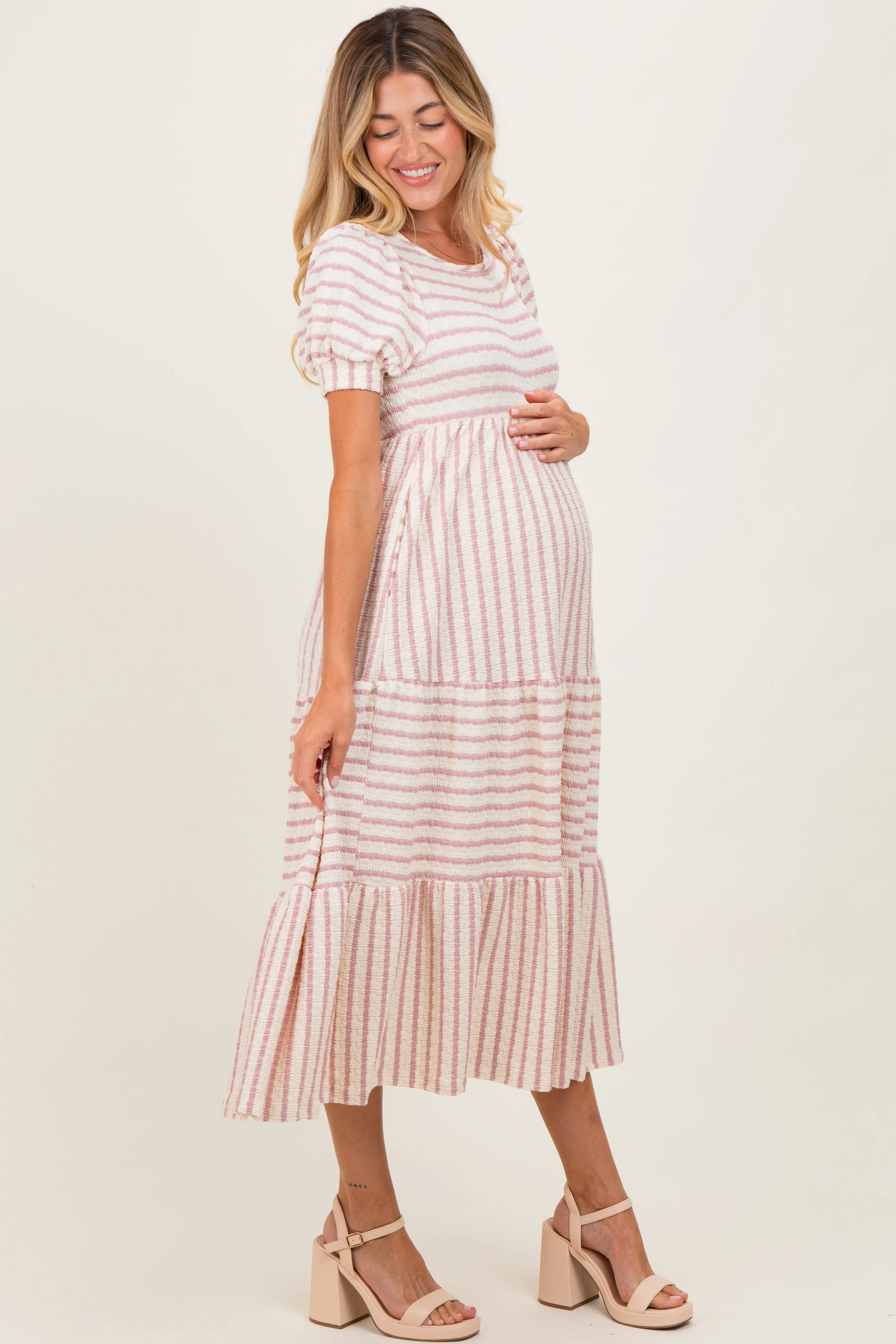Cream/Mauve Striped Short Sleeve Tiered Maternity Maxi Dress sold by Pinkblush product image thumbnail 3