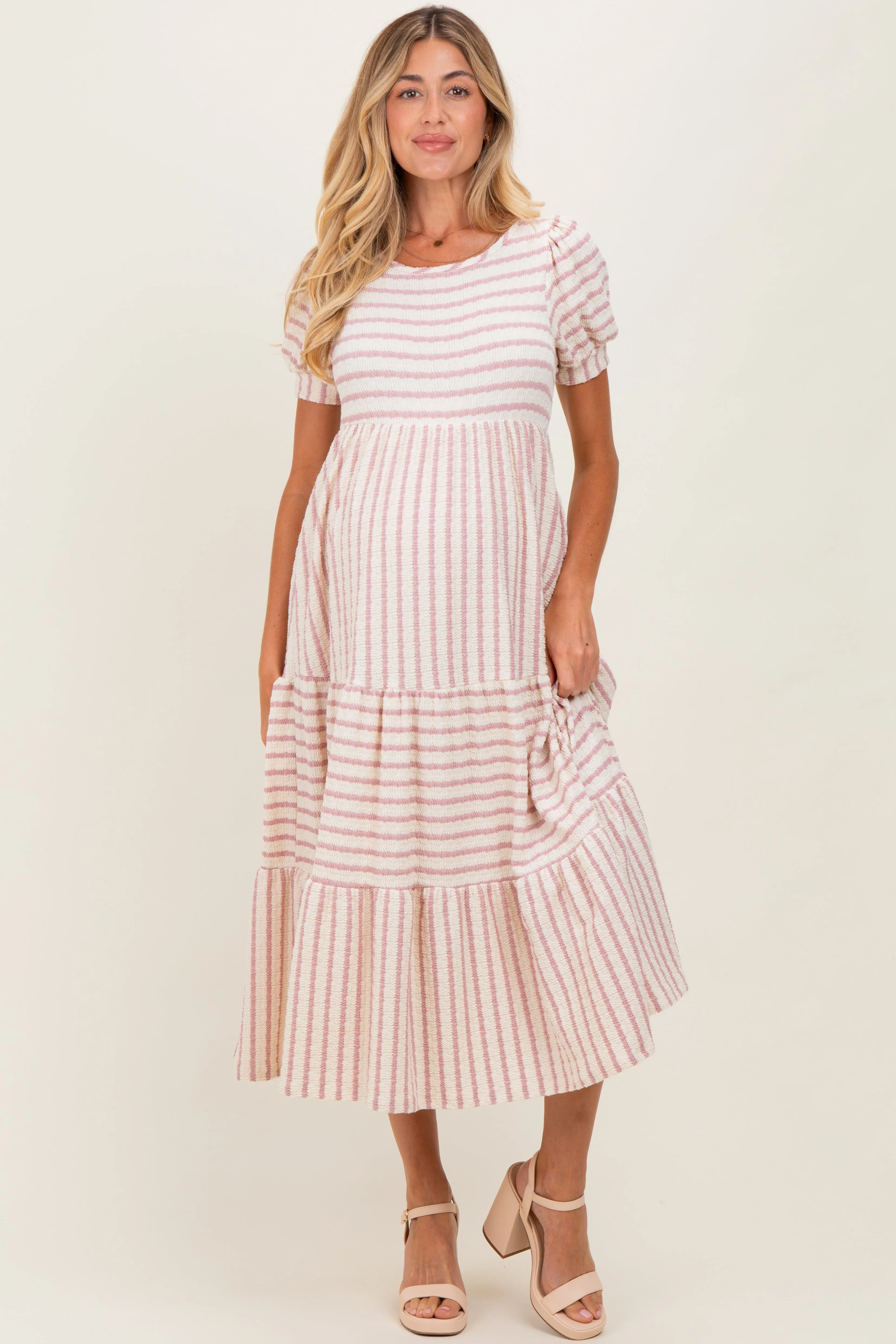 Cream/Mauve Striped Short Sleeve Tiered Maternity Maxi Dress sold by Pinkblush