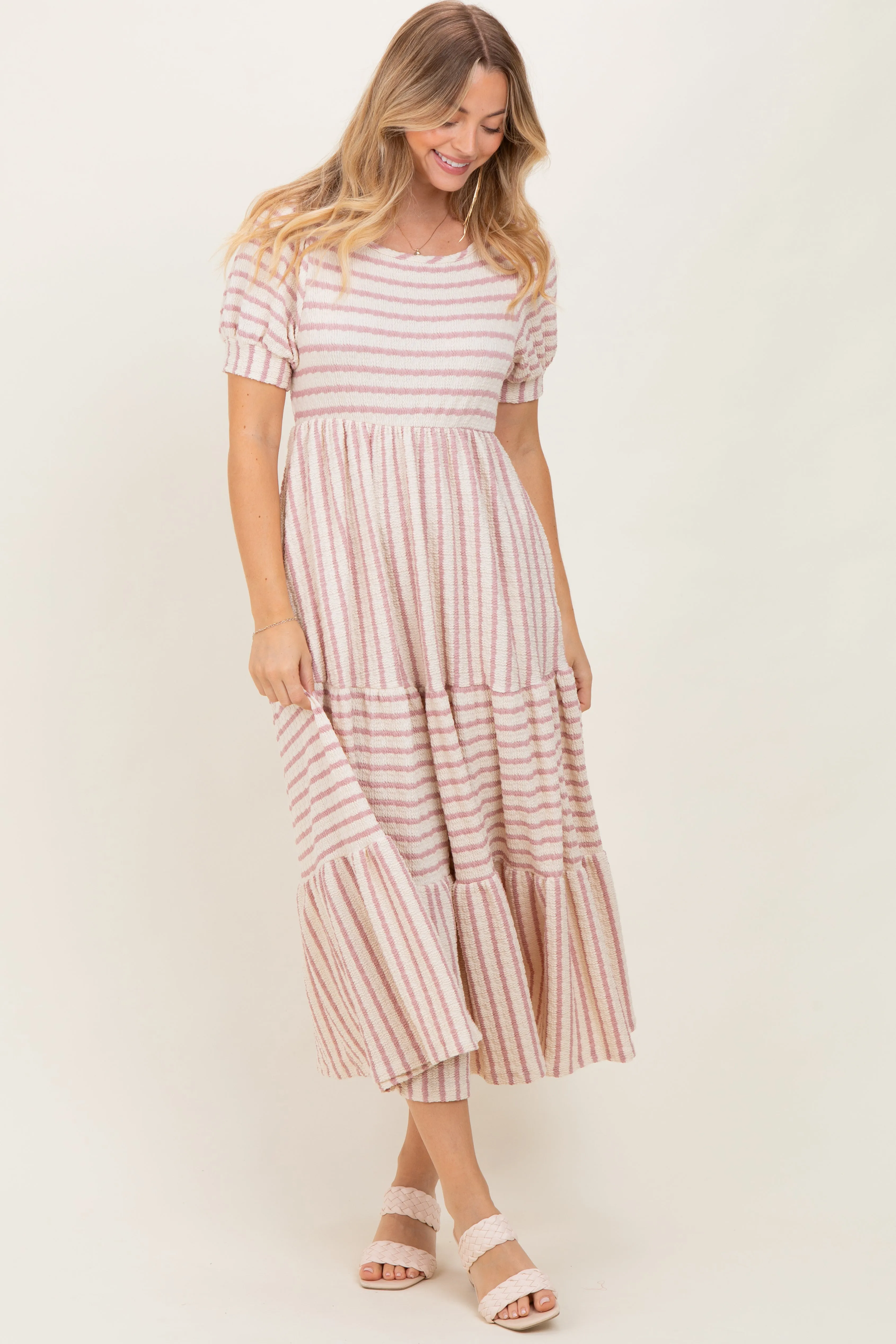 Cream/Mauve Striped Short Sleeve Tiered Maternity Maxi Dress sold by Pinkblush product image thumbnail 5