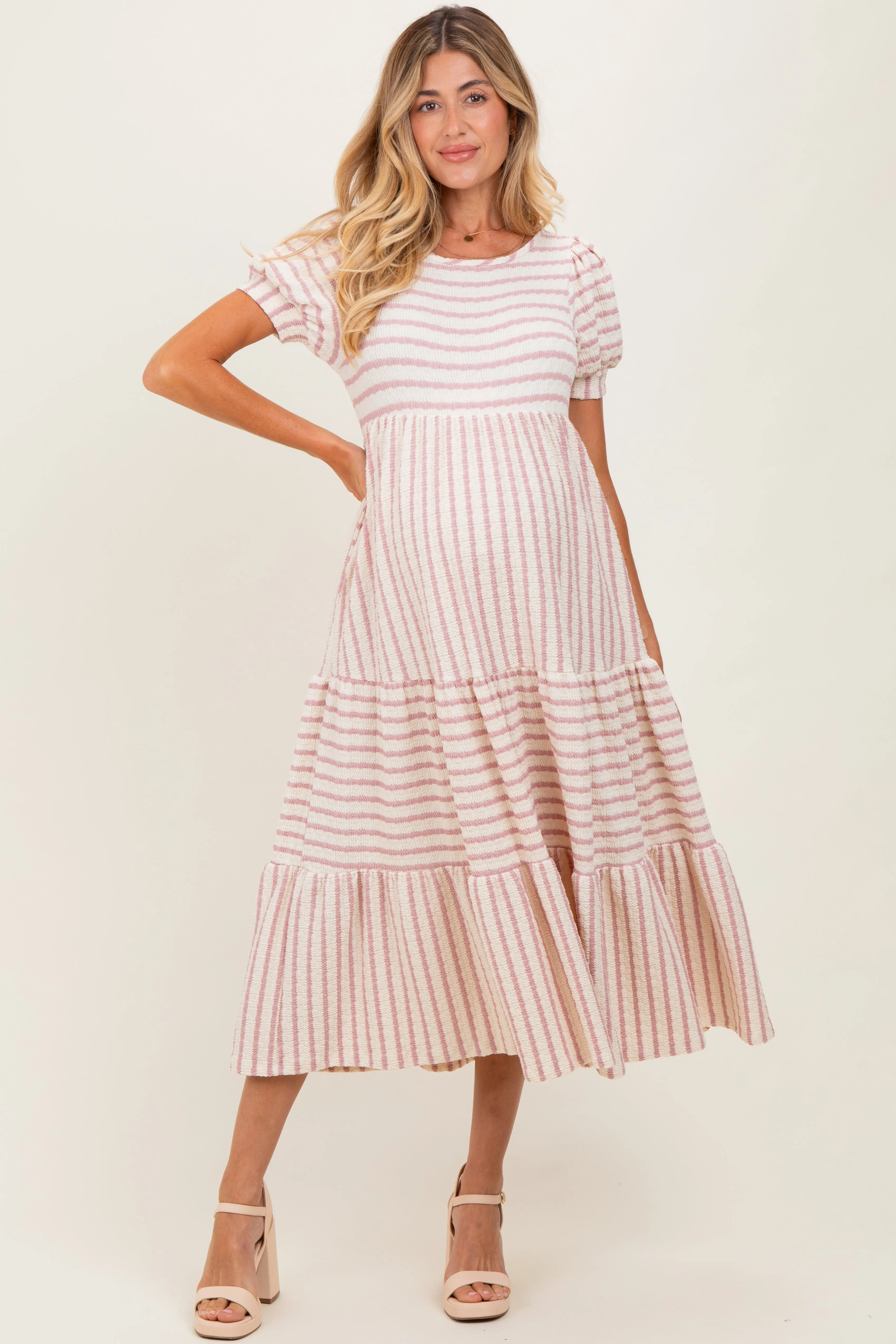 Cream/Mauve Striped Short Sleeve Tiered Maternity Maxi Dress sold by Pinkblush product image thumbnail 2