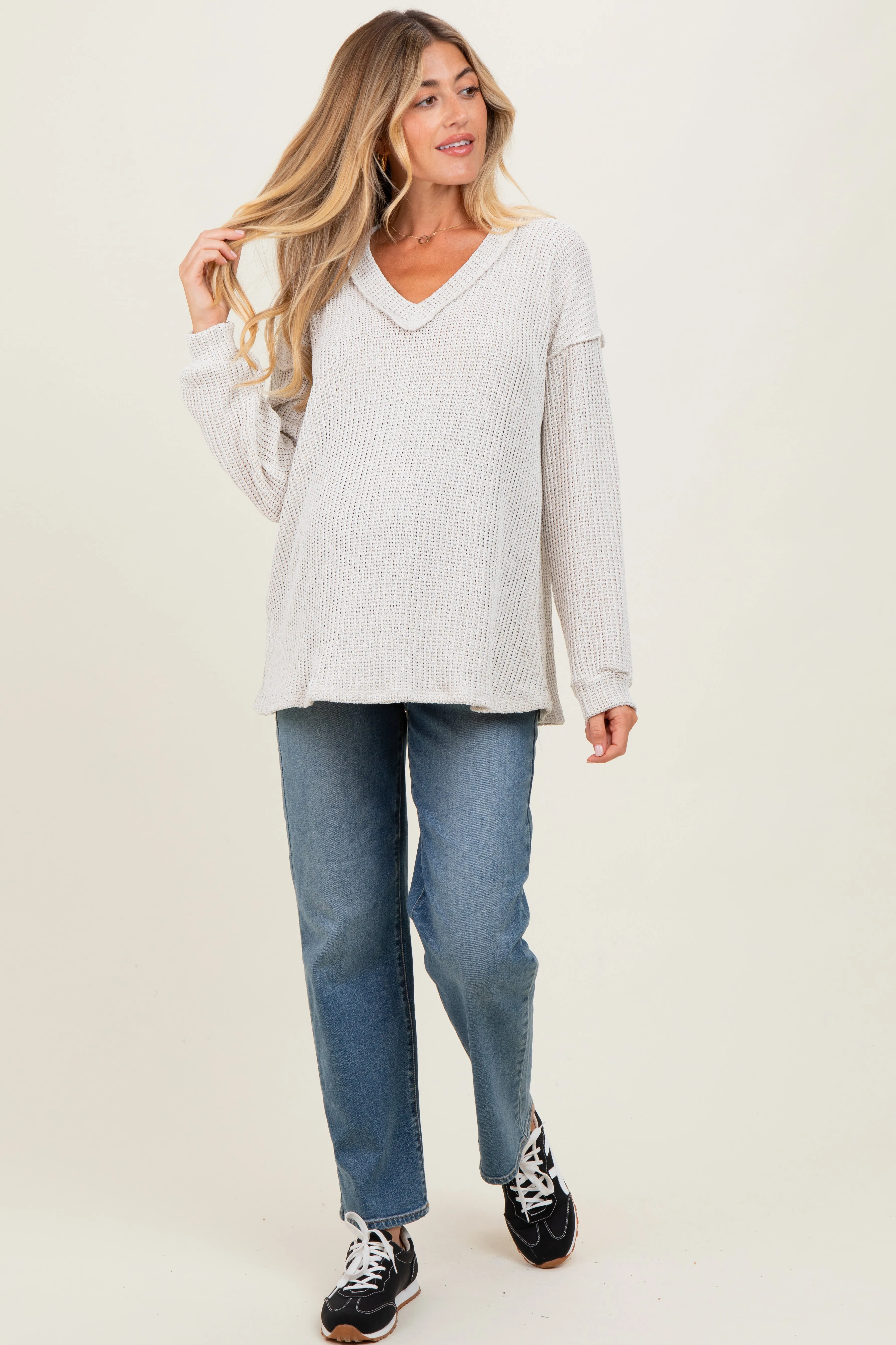 Beige Long Puff Sleeve Solid Oversized Maternity Top sold by Pinkblush product image thumbnail 2