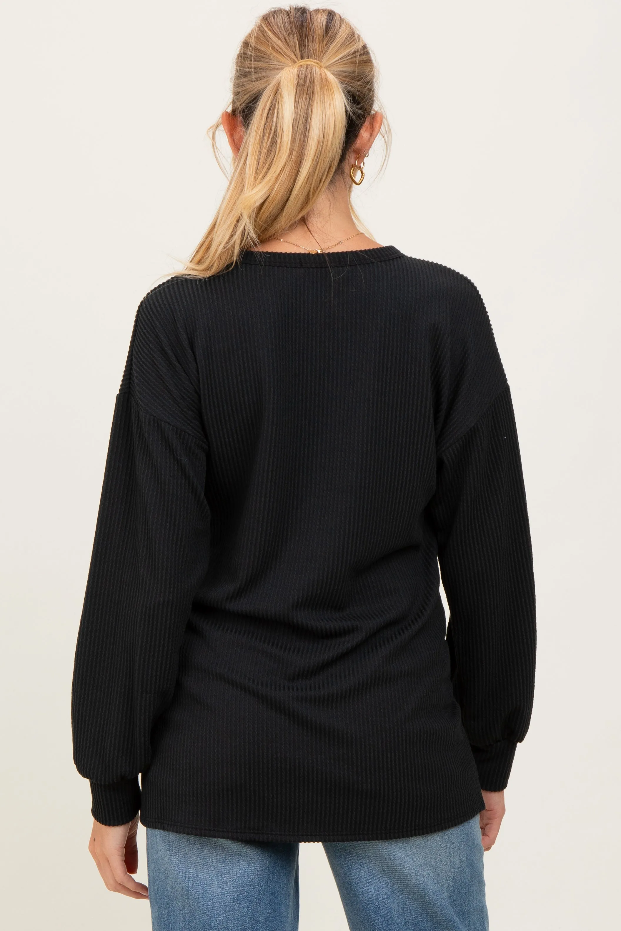 Black Puff Sleeve Solid Ribbed Maternity Top sold by Pinkblush product image thumbnail 2