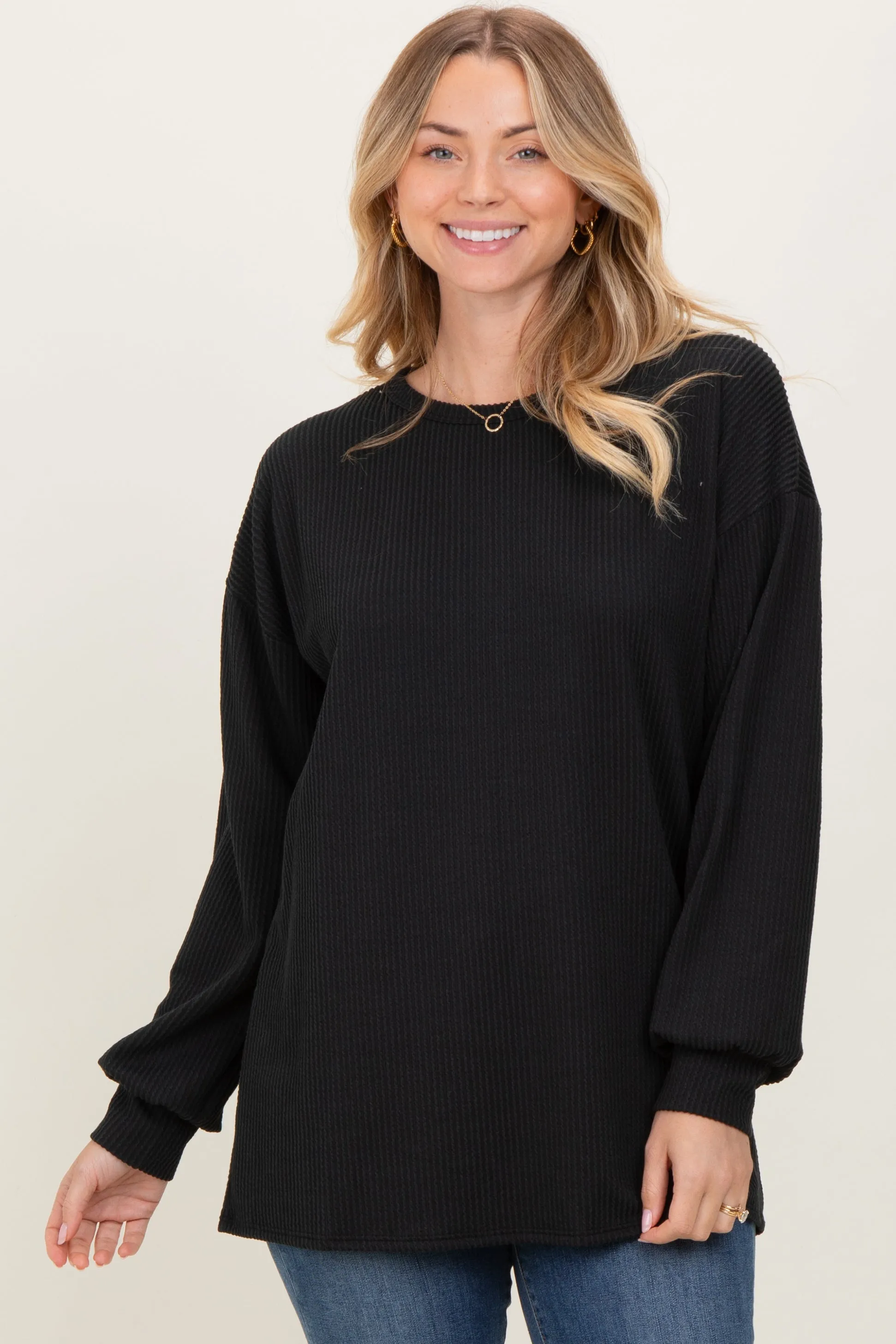 Black Puff Sleeve Solid Ribbed Maternity Top sold by Pinkblush product image thumbnail 3