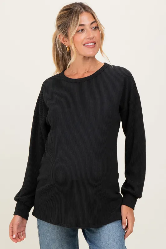 Black Puff Sleeve Solid Ribbed Maternity Top sold by Pinkblush