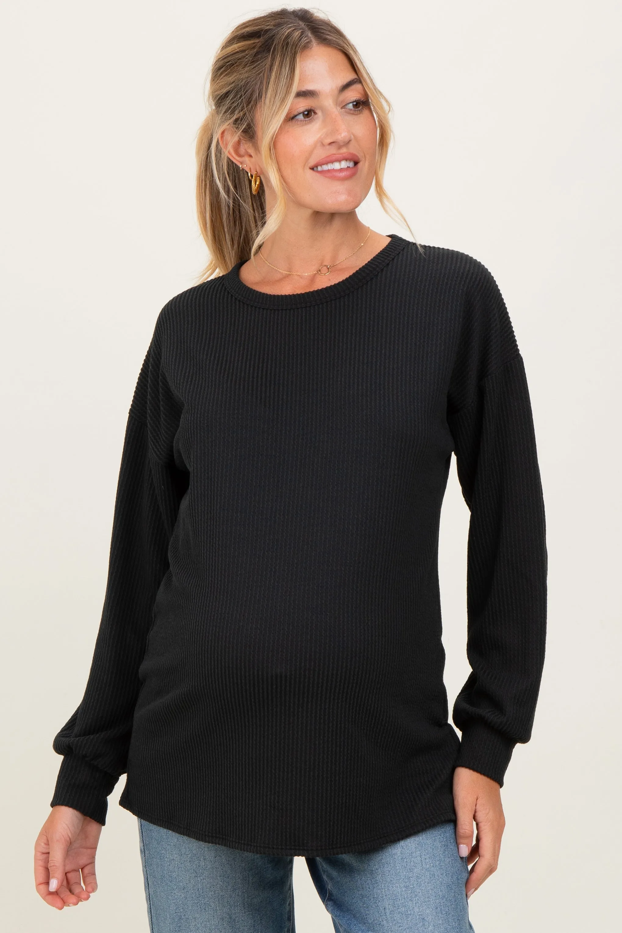 Black Puff Sleeve Solid Ribbed Maternity Top sold by Pinkblush