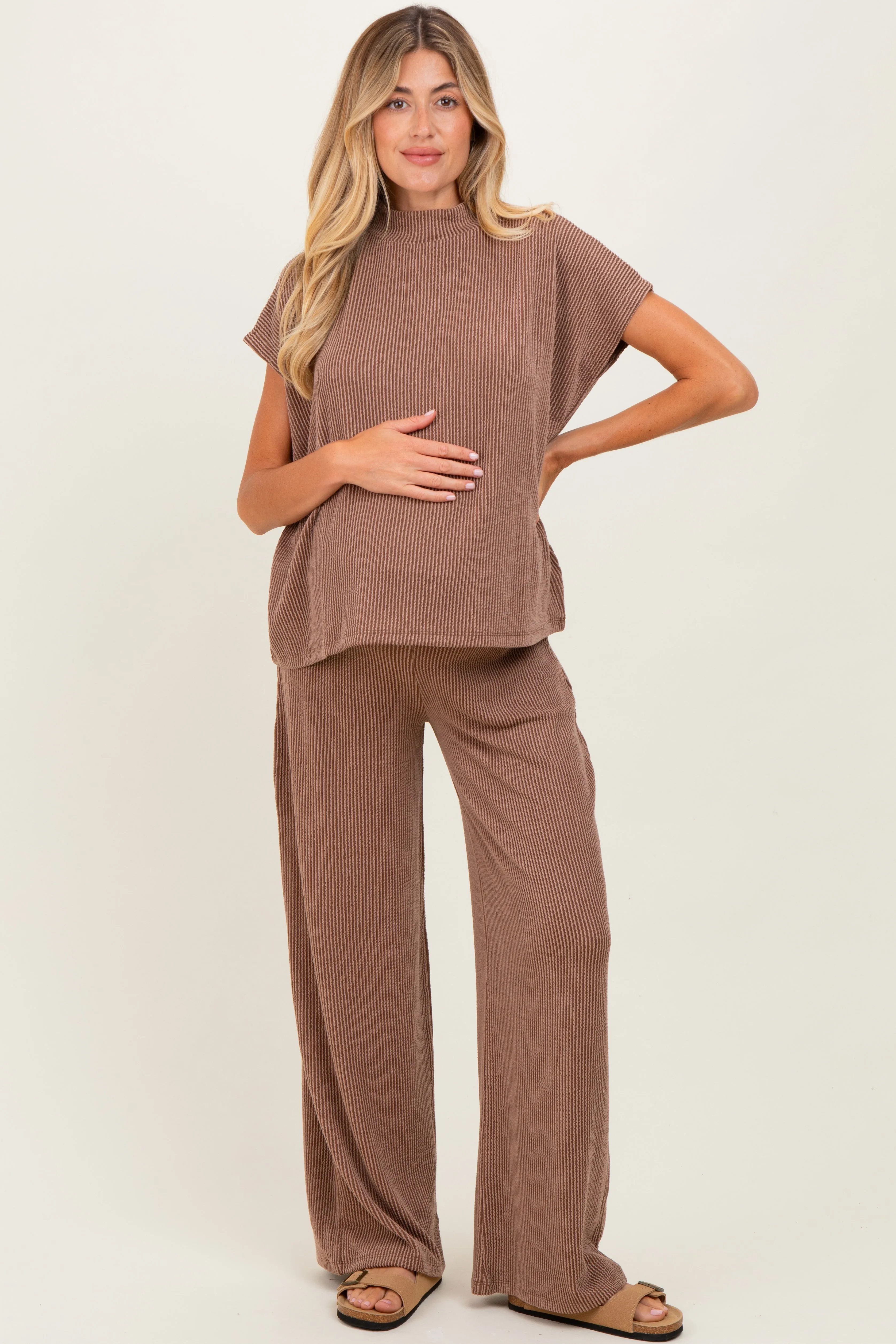 Mocha Textured Rib Mock Neck Short Sleeve Pant Maternity Set sold by Pinkblush