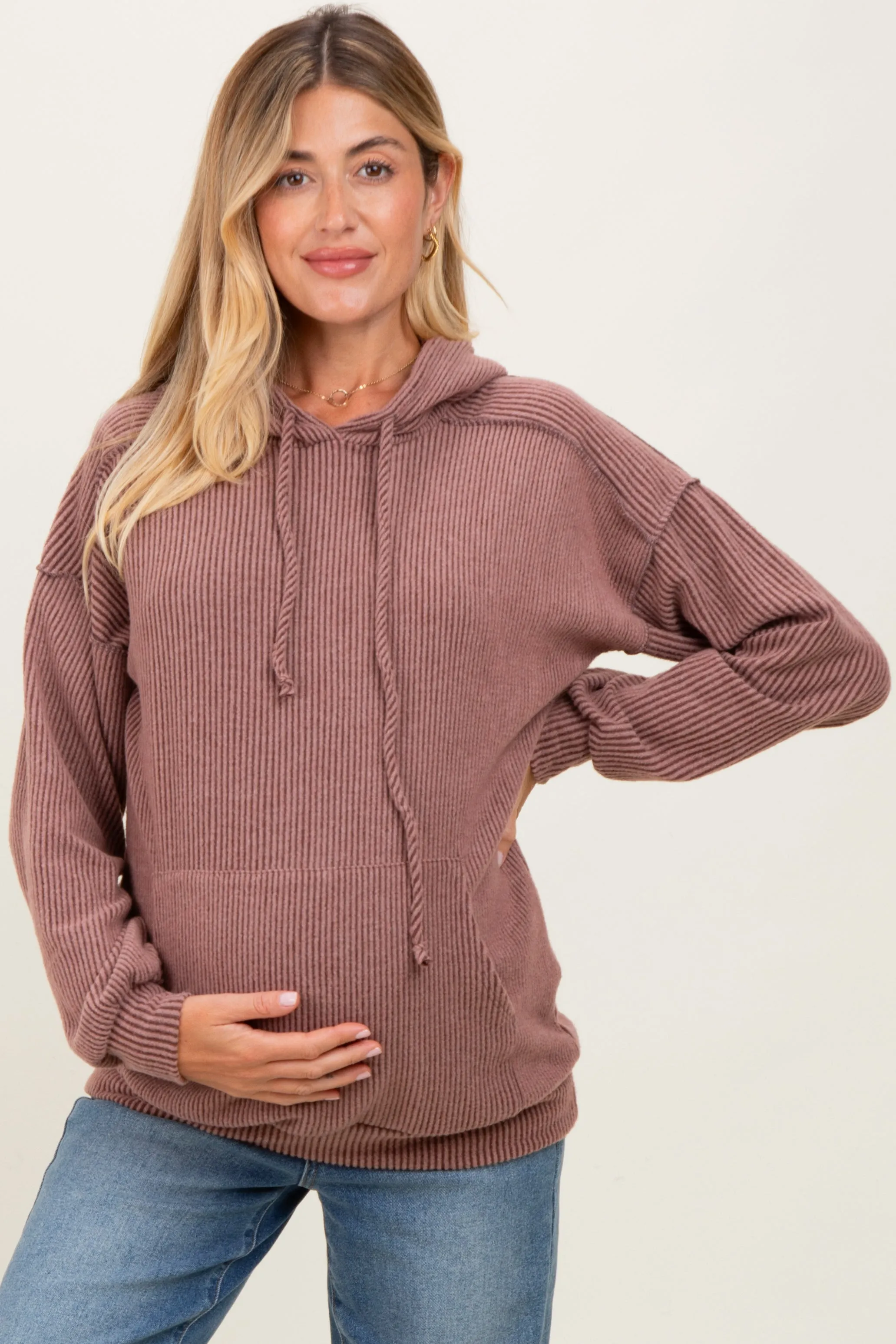 Brown Long Sleeve Brushed Urban Rib Maternity Hoodie Top sold by Pinkblush