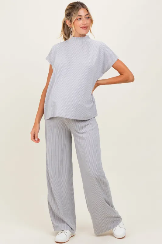 Light Grey Textured Rib Mock Neck Short Sleeve Pant Maternity Set sold by Pinkblush