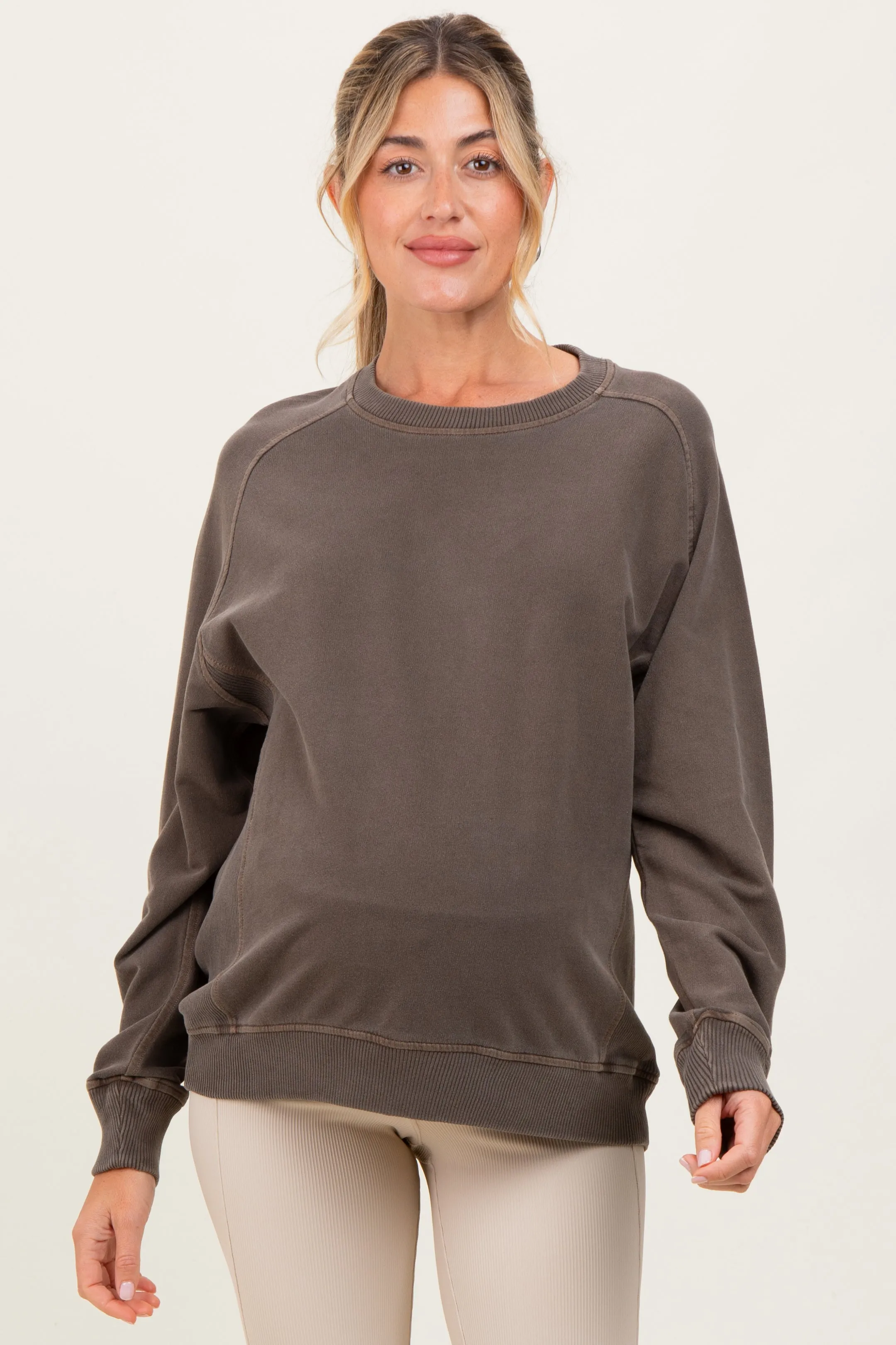 Brown French Terry Vintage Wash Maternity Pullover sold by Pinkblush