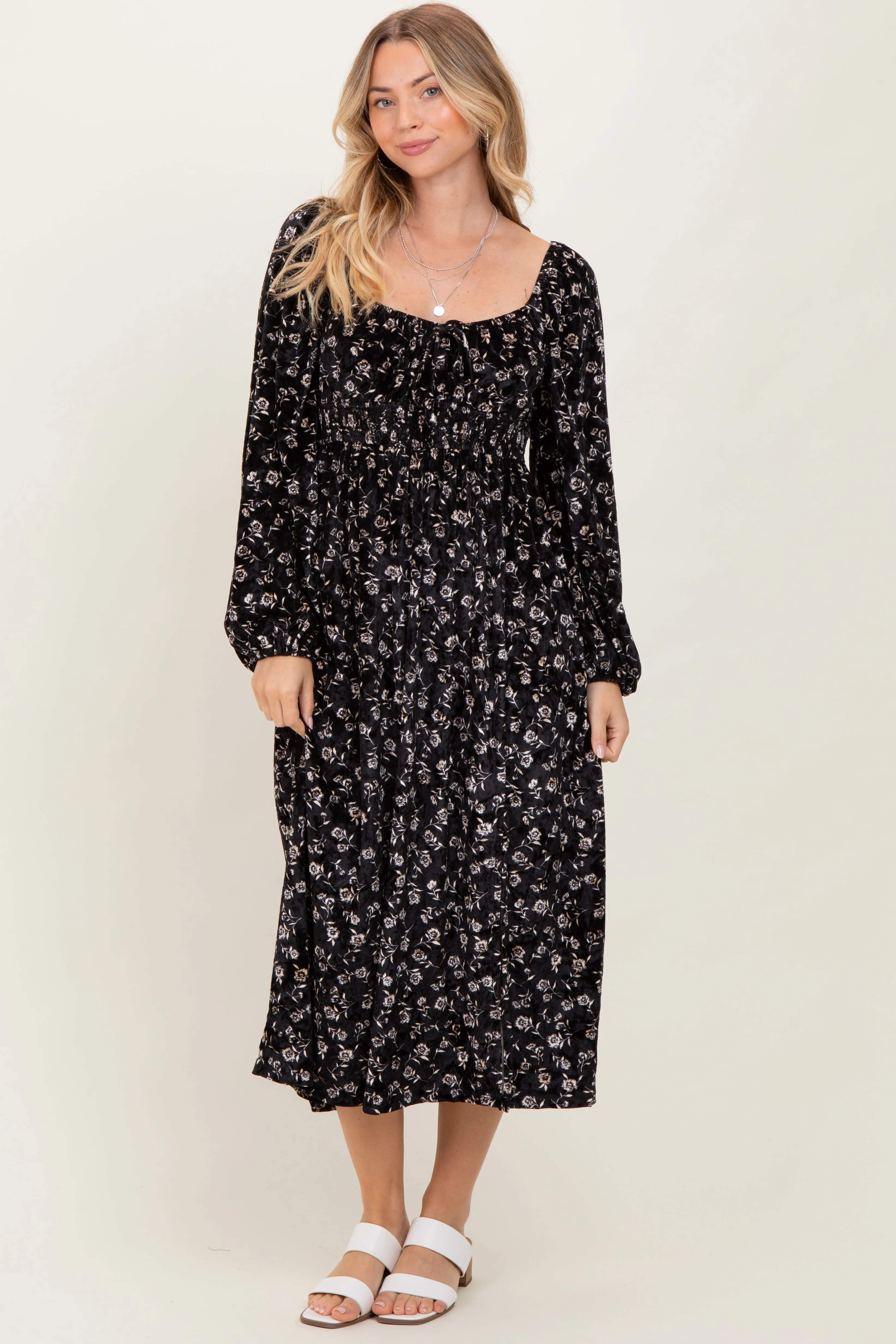 Black Floral Velvet Smocked Maternity Midi Dress sold by Pinkblush product image thumbnail 4